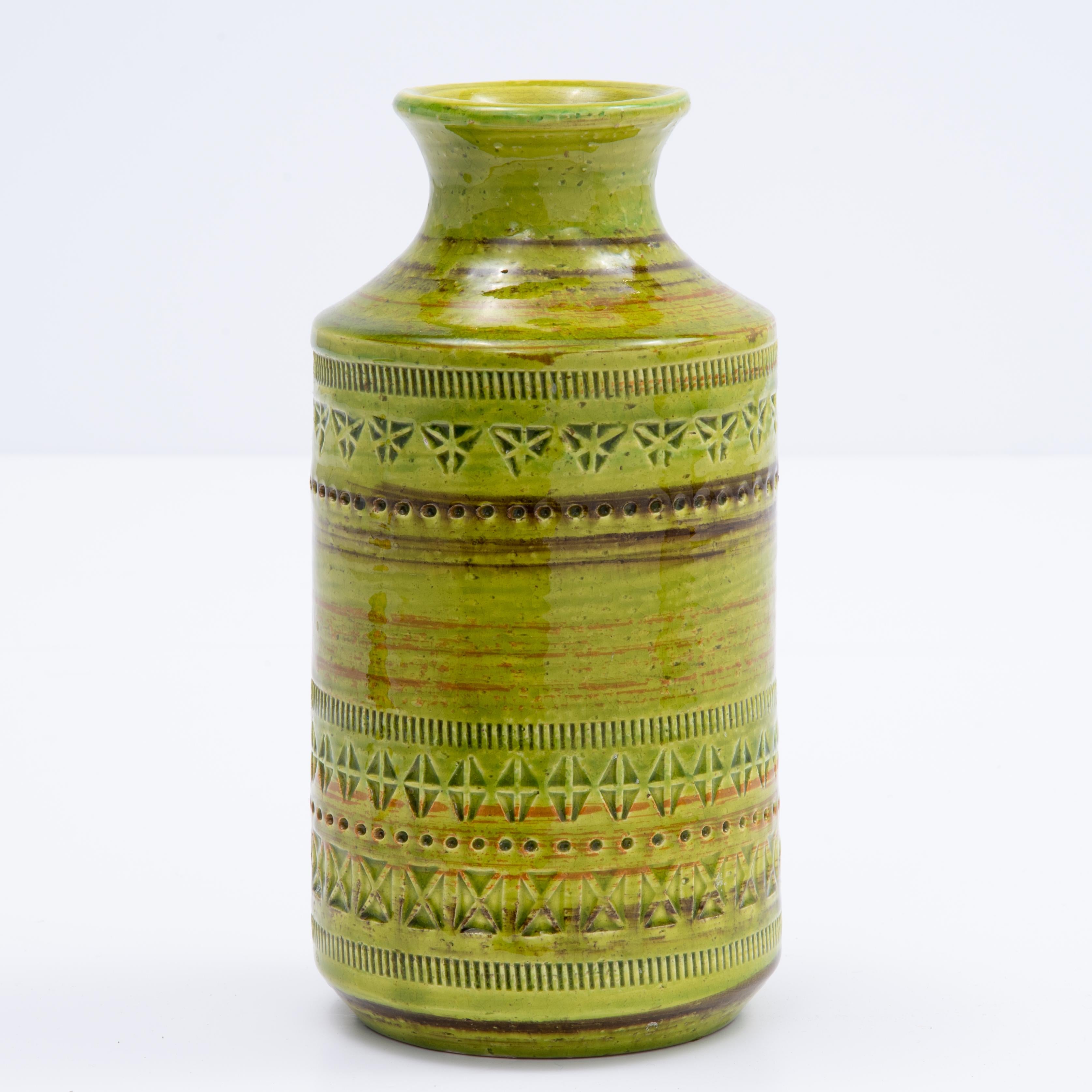 Mid-Century Modern Green Aldo Londi Bitossi Rosenthal Netter Incised Vase For Sale