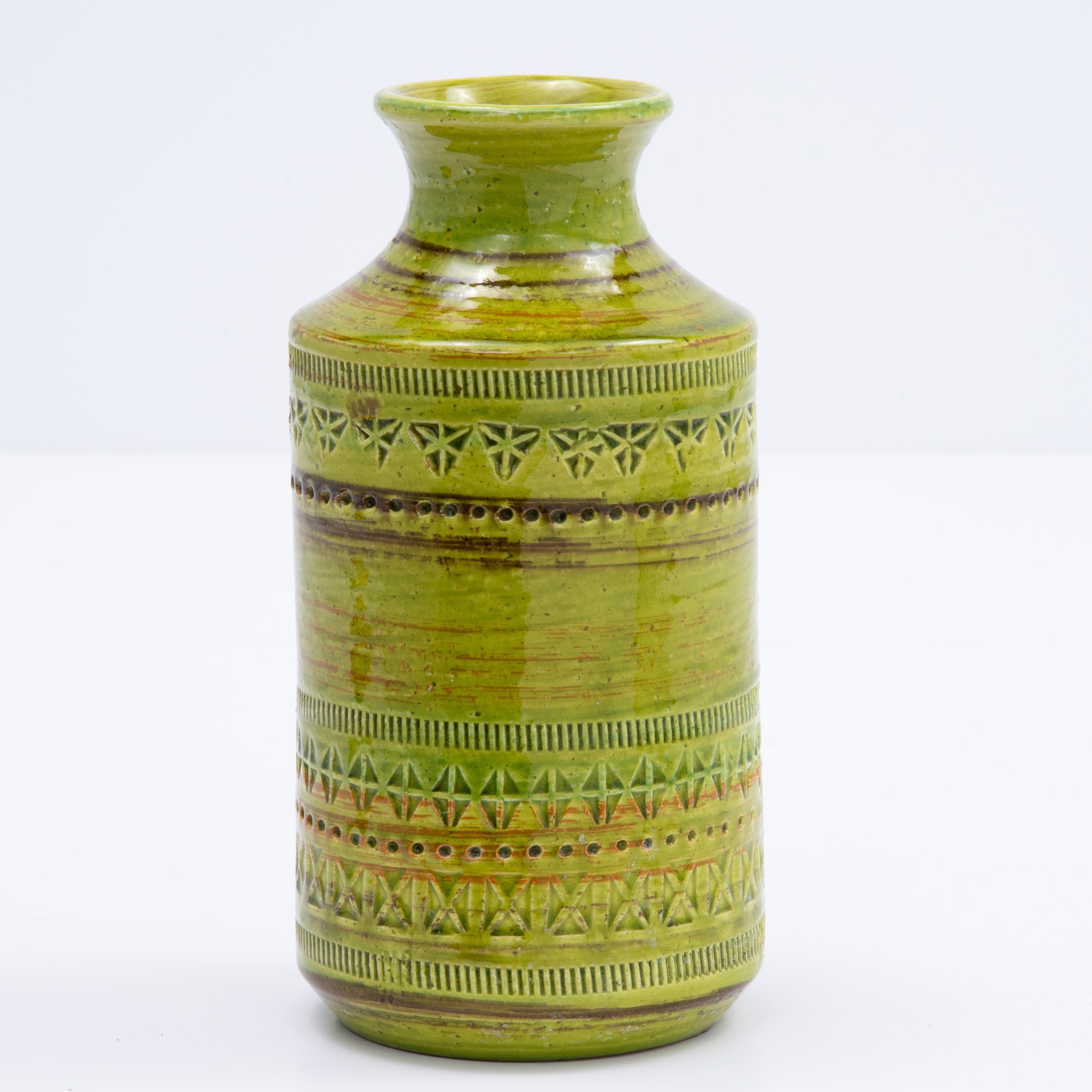 Italian Green Aldo Londi Bitossi Rosenthal Netter Incised Vase For Sale