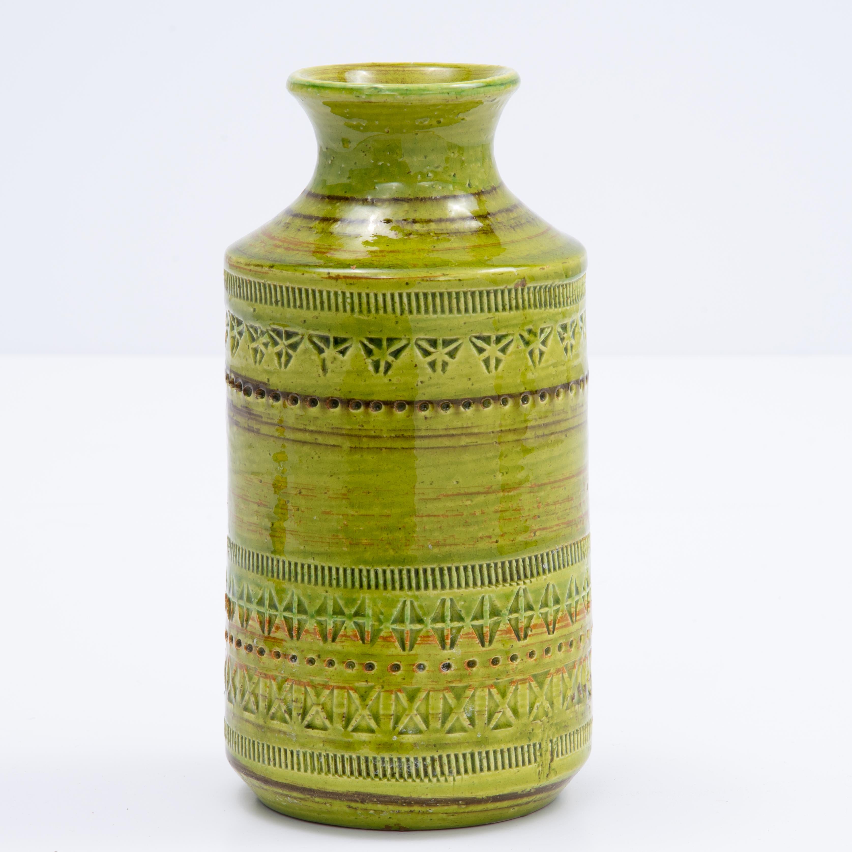 Green Aldo Londi Bitossi Rosenthal Netter Incised Vase In Good Condition For Sale In Forest Grove, PA