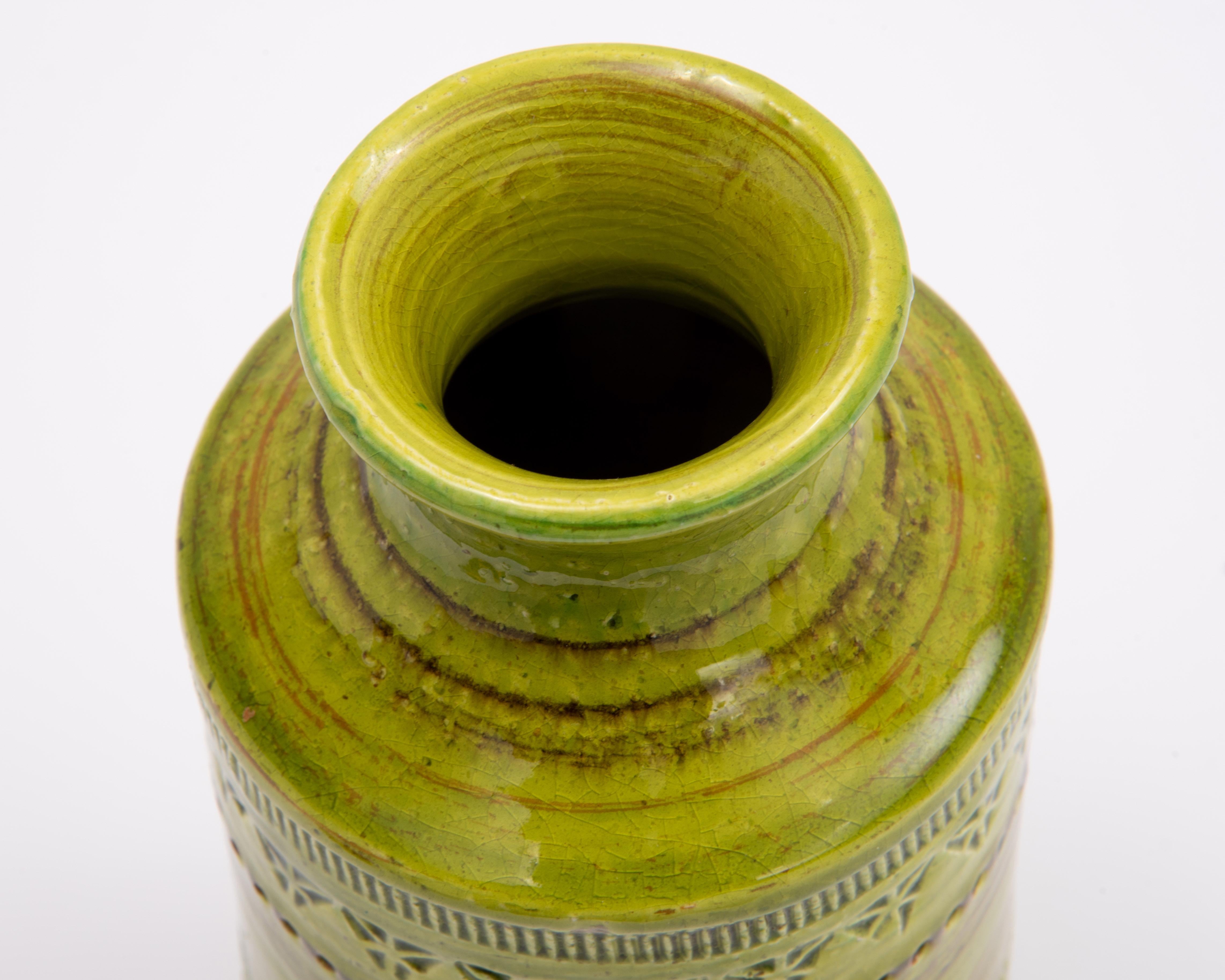 Ceramic Green Aldo Londi Bitossi Rosenthal Netter Incised Vase For Sale