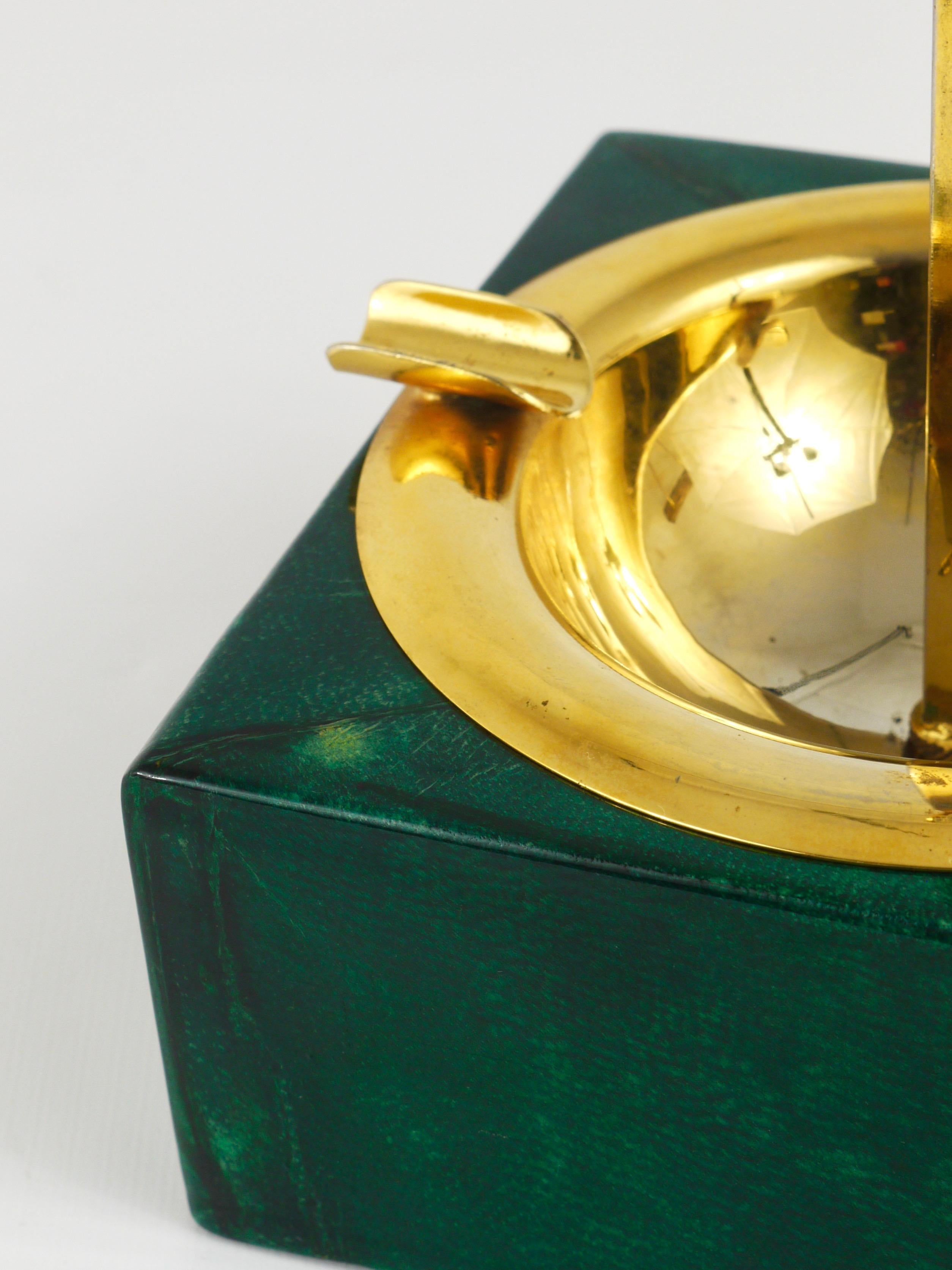 Green Aldo Tura Goatskin Brass Midcentury Ashtray with Handle, Italy, 1970s 3