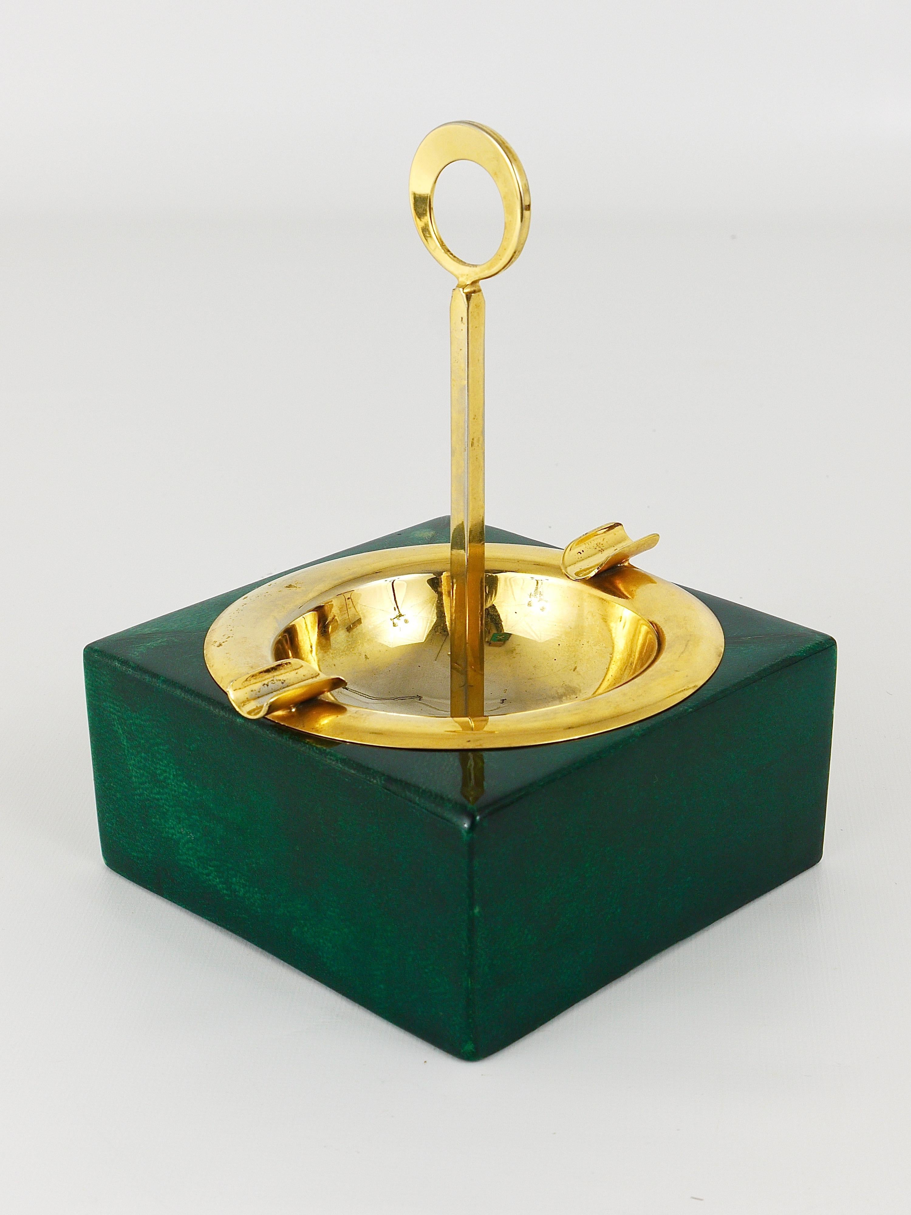Green Aldo Tura Goatskin Brass Midcentury Ashtray with Handle, Italy, 1970s 4