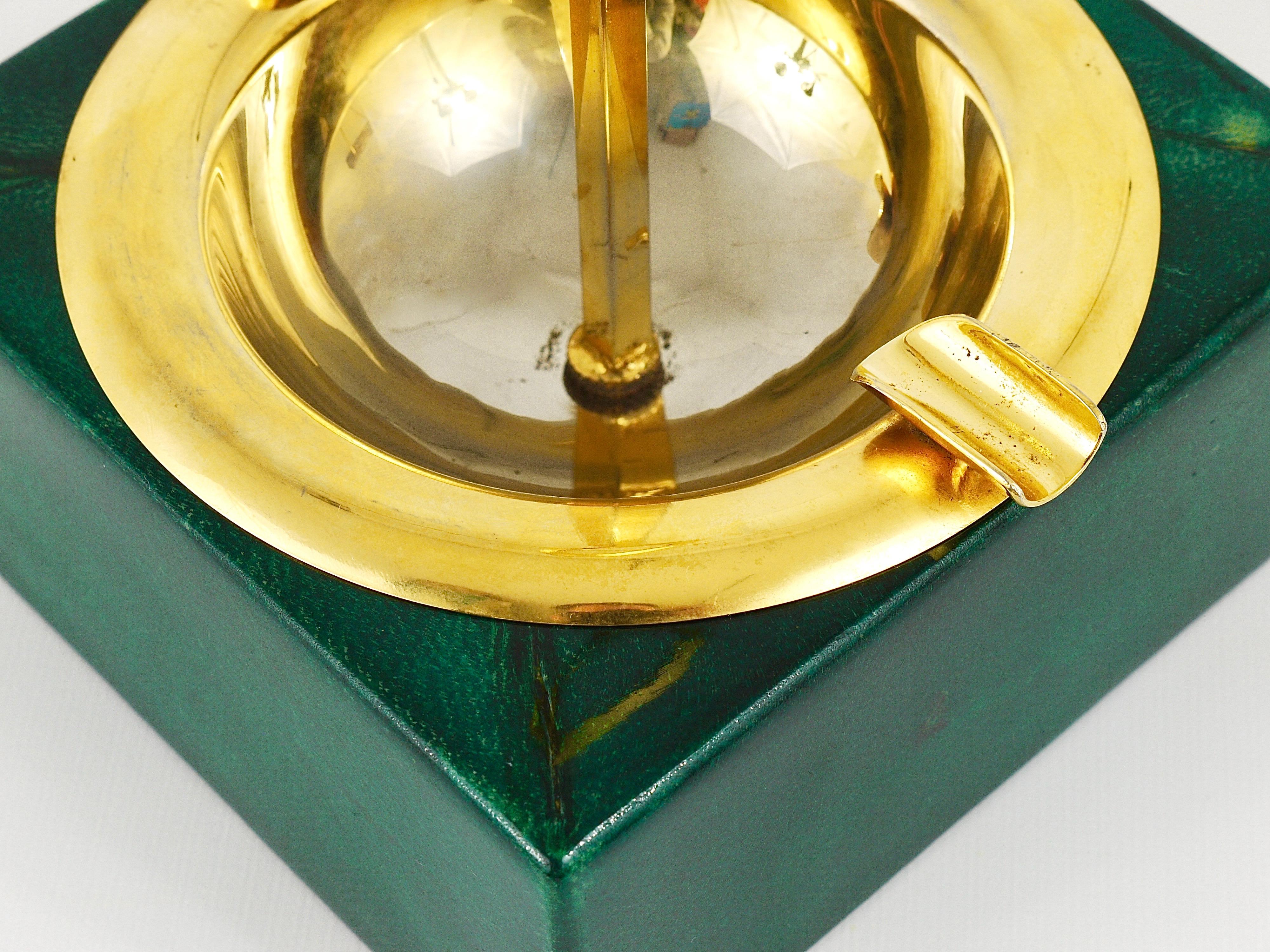 Mid-Century Modern Green Aldo Tura Goatskin Brass Midcentury Ashtray with Handle, Italy, 1970s