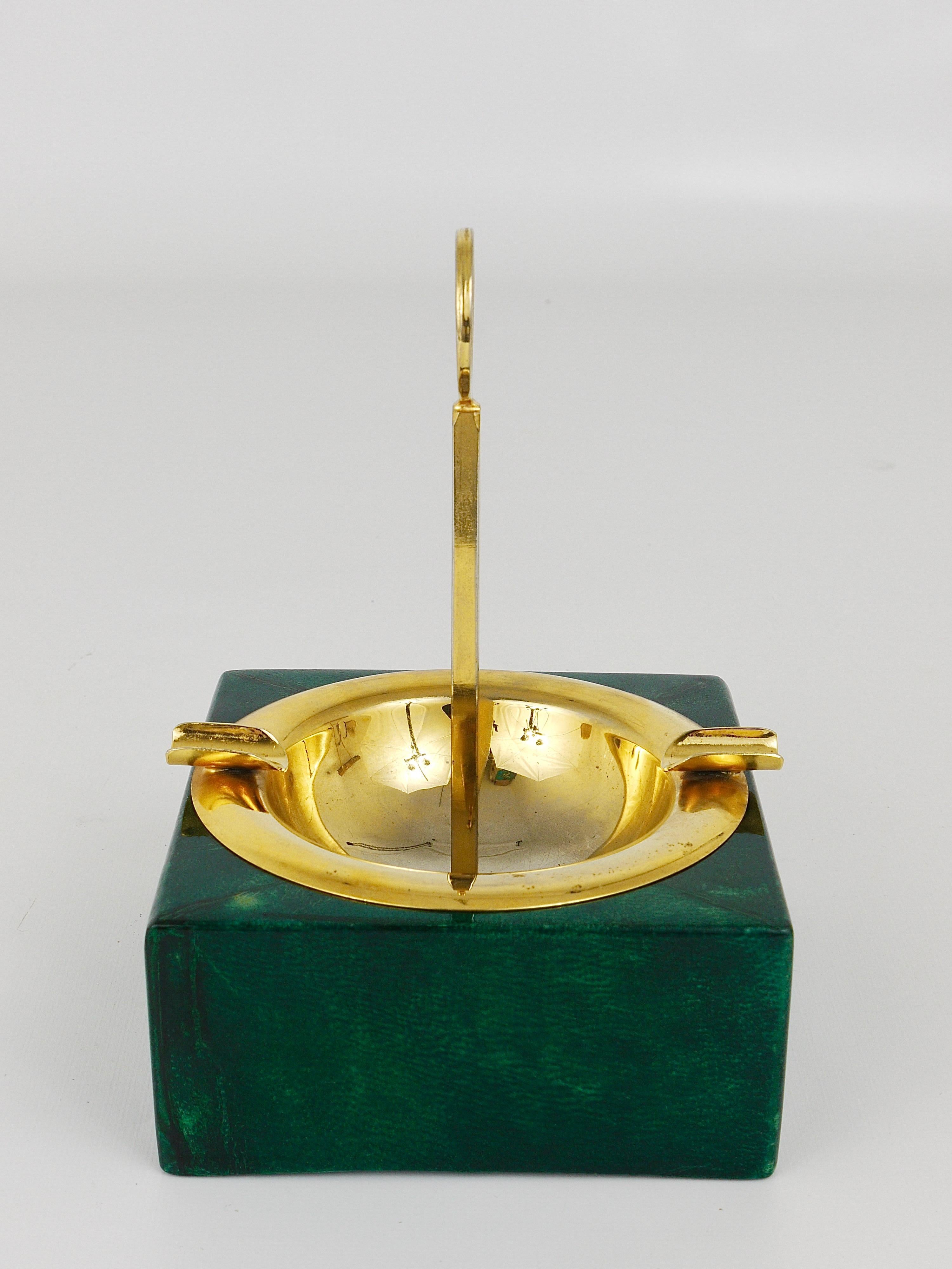 Green Aldo Tura Goatskin Brass Midcentury Ashtray with Handle, Italy, 1970s In Good Condition In Vienna, AT