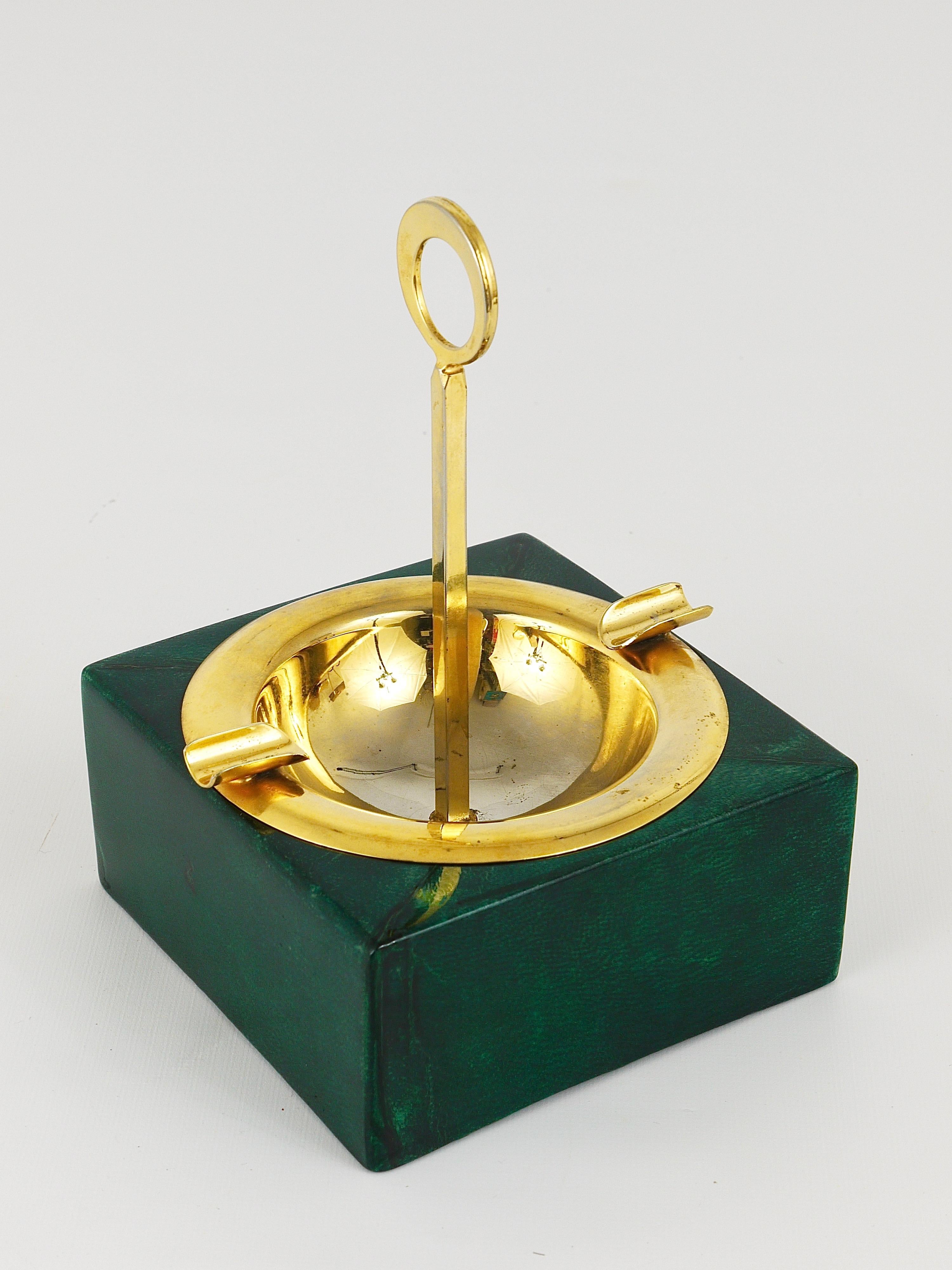 20th Century Green Aldo Tura Goatskin Brass Midcentury Ashtray with Handle, Italy, 1970s