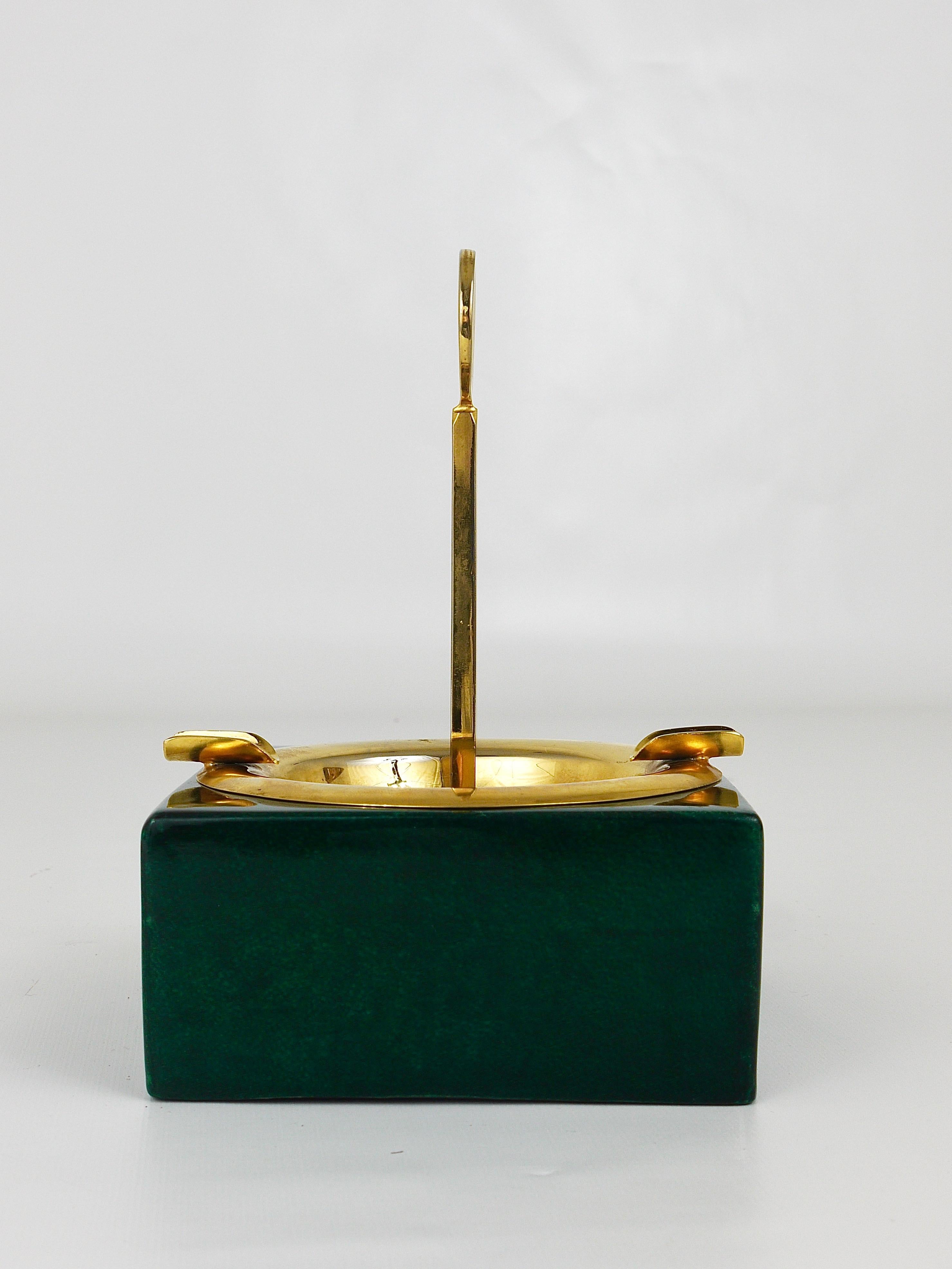 Green Aldo Tura Goatskin Brass Midcentury Ashtray with Handle, Italy, 1970s 1
