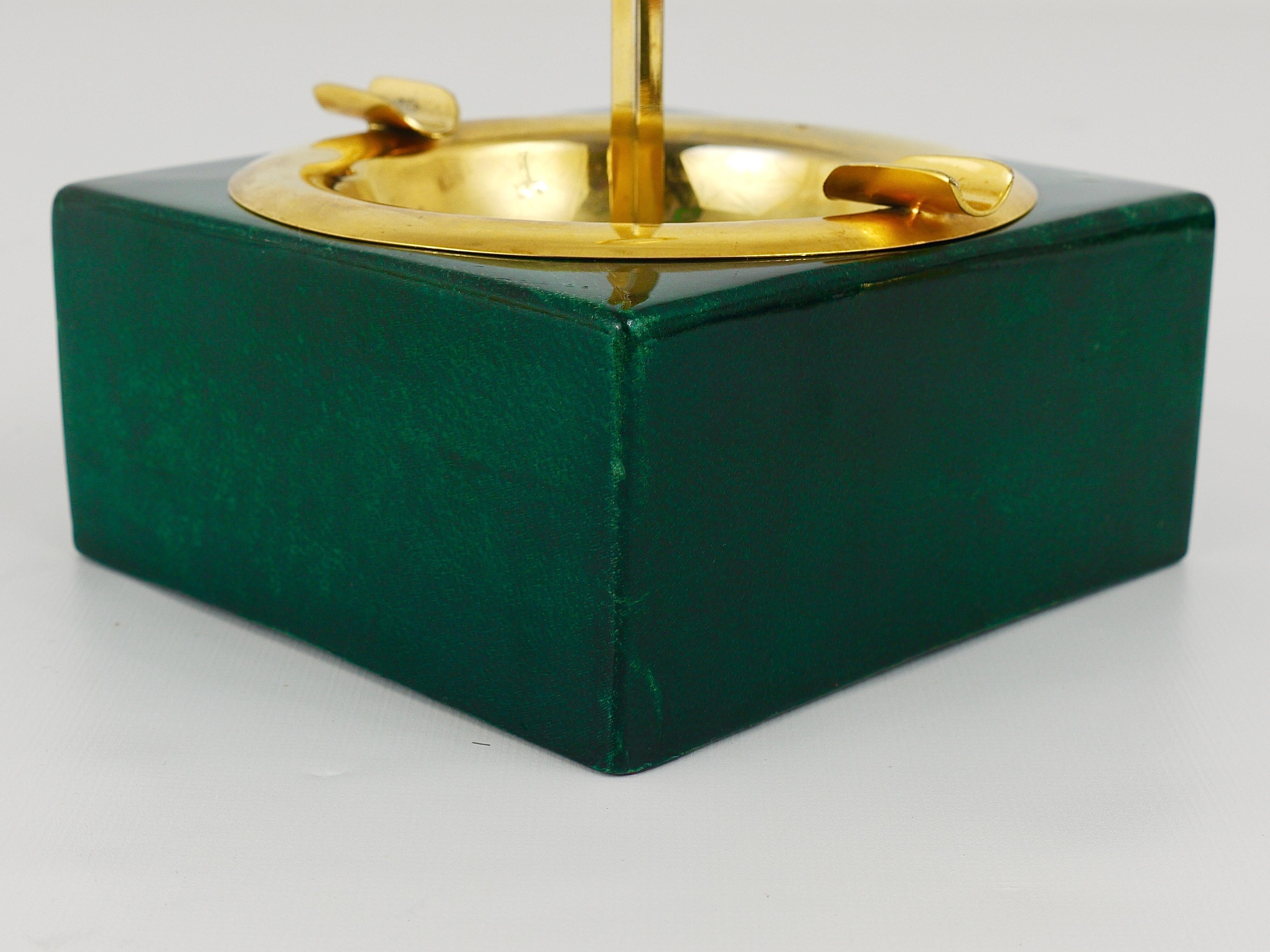 Green Aldo Tura Goatskin Brass Midcentury Ashtray with Handle, Italy, 1970s 2