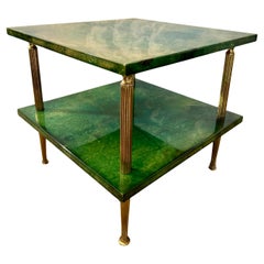 Green Aldo Tura Side Table with Brass Columns and Two Shelves, Italy, 1960's