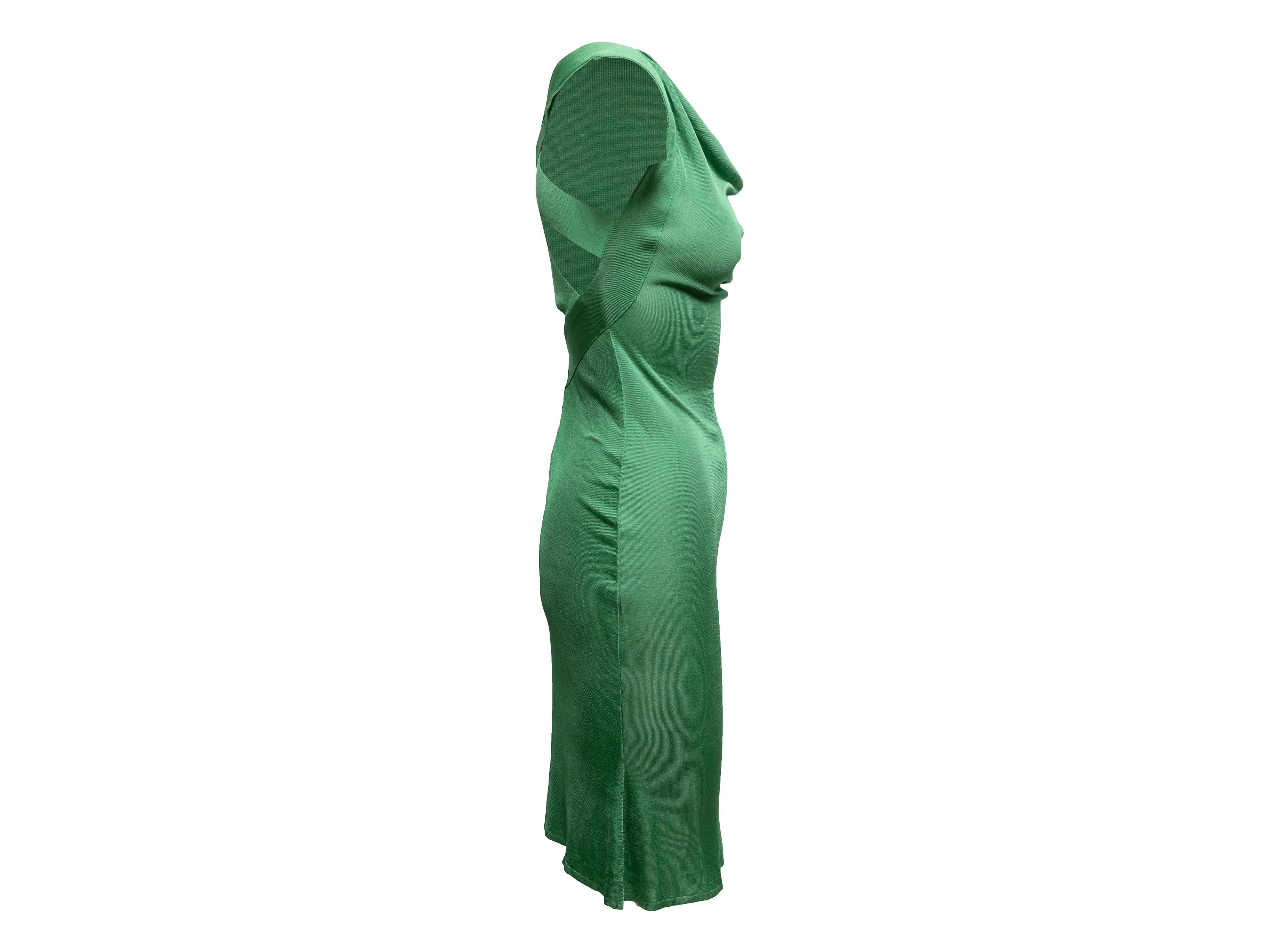  Green sleeveless bodycon dress by Alexander McQueen. Cowl neckline. Crossover straps at back. 22