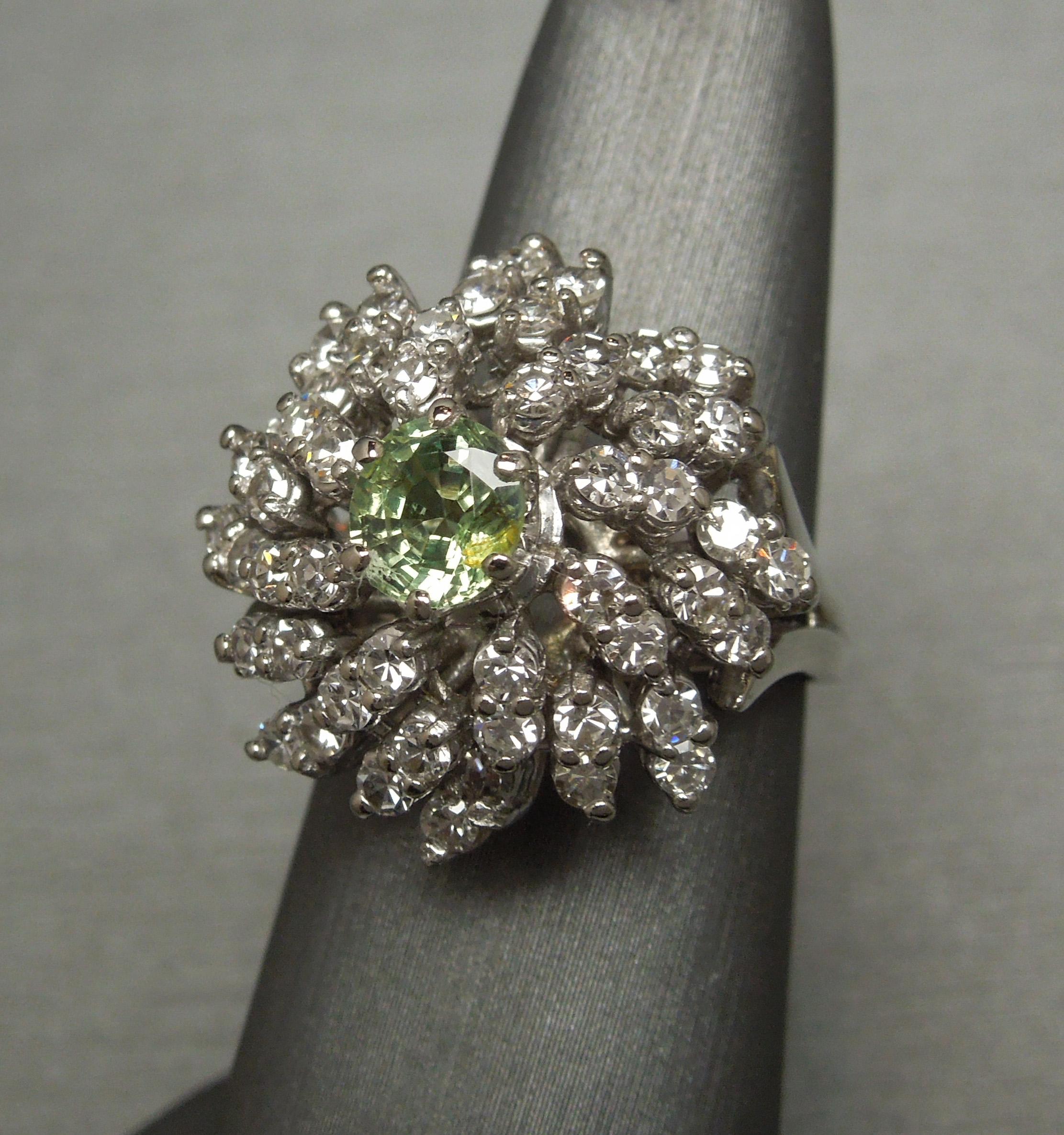 Round Cut Green Alexandrite and Diamond Midcentury Cocktail Ring For Sale