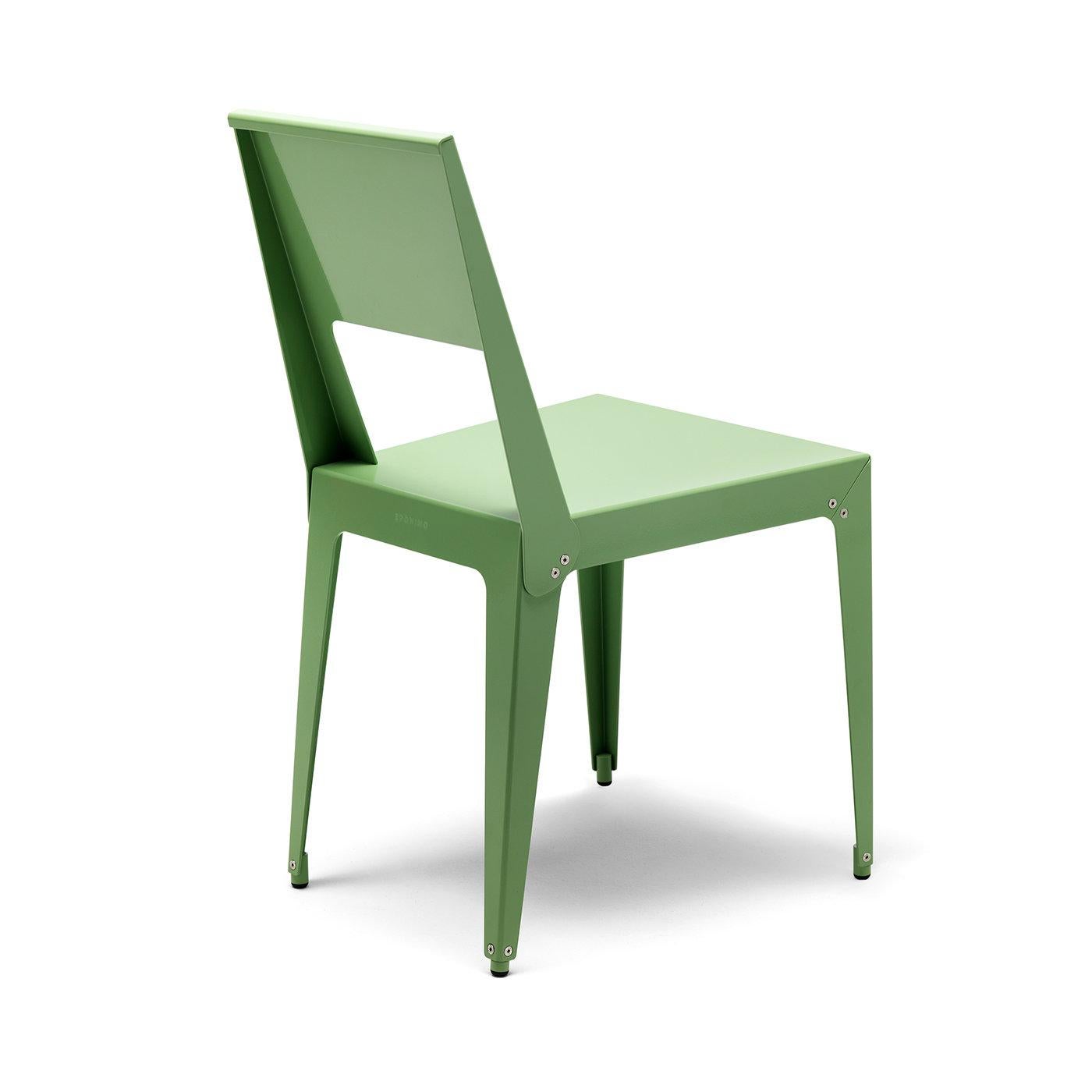Simple yet bold, this chair is characterized by clean lines and a pale green color with a semi-glossy, powder-coated finish with a silhouette inspired by the archetypal form reinterpreted using innovative technology. Made of aluminum, the body is