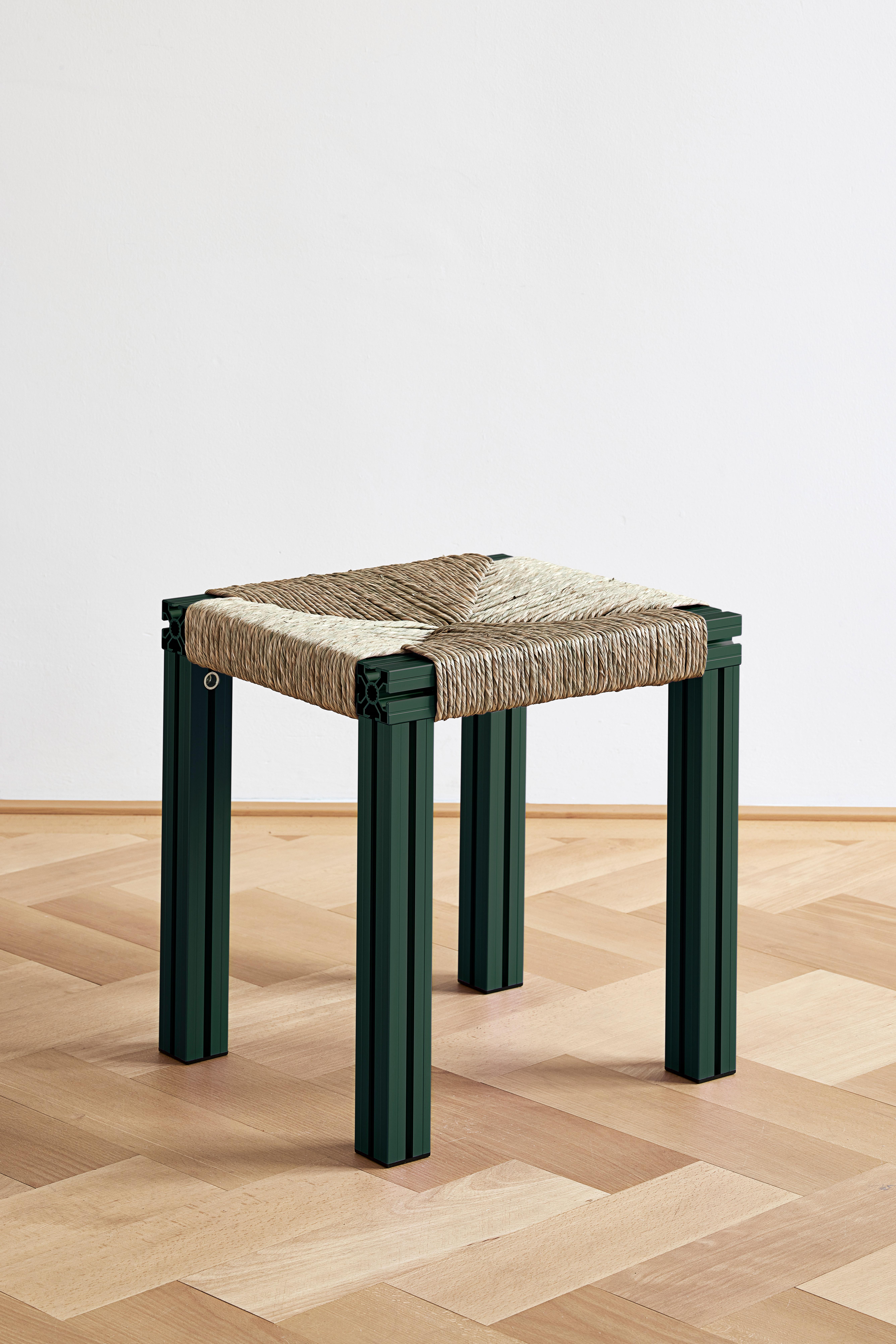 Green Aluminium Stool with Flax Webbing Seat from Anodised Wicker Collection For Sale 5