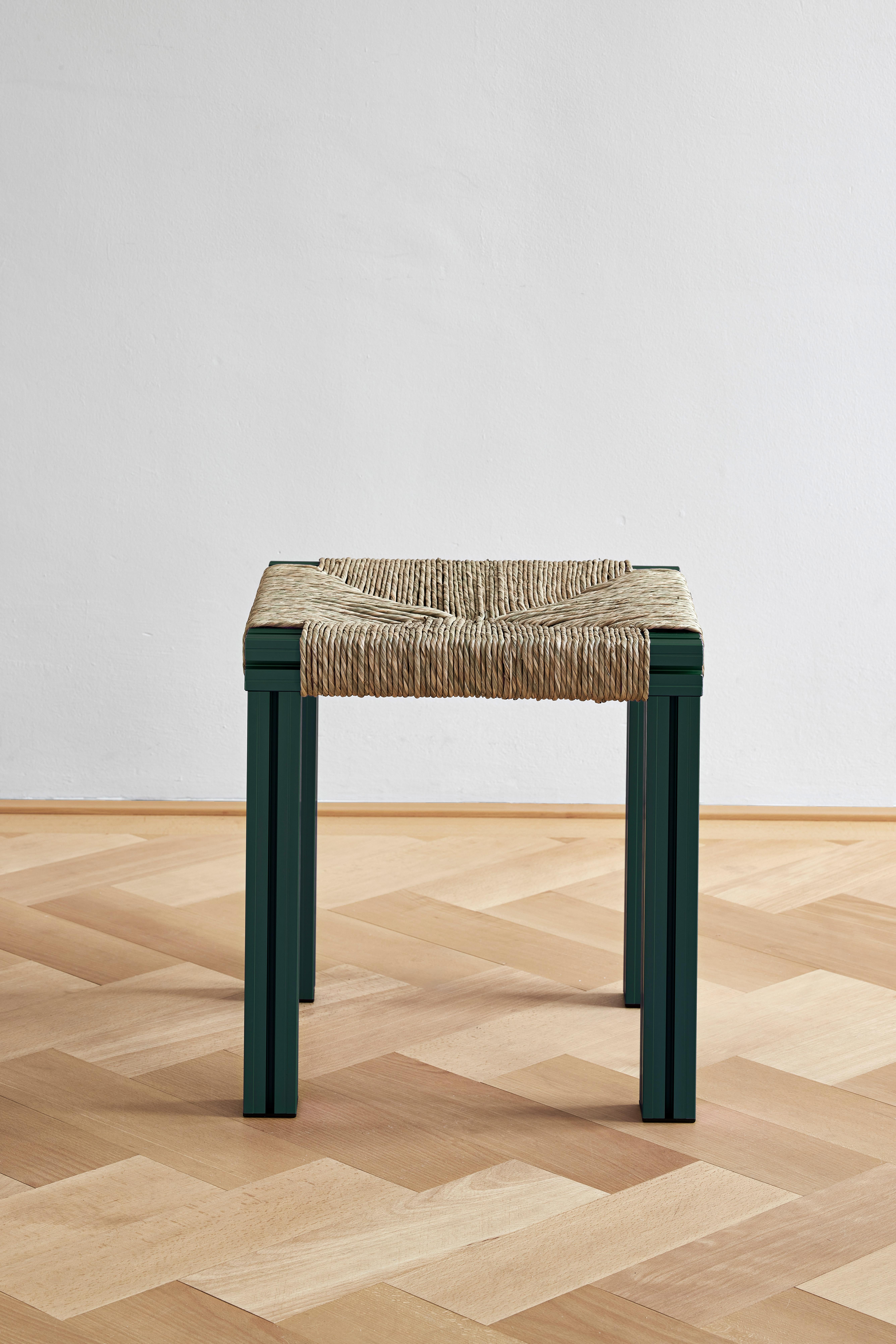 Originally realised for the Hepworth Gallery in Wakefield and inspired by Donald Judd and Børge Mogensen, Anodised Wicker marries industrially extruded and anodised aluminium with hand-woven cane wicker, rush envelope and flax webbing seats. The
