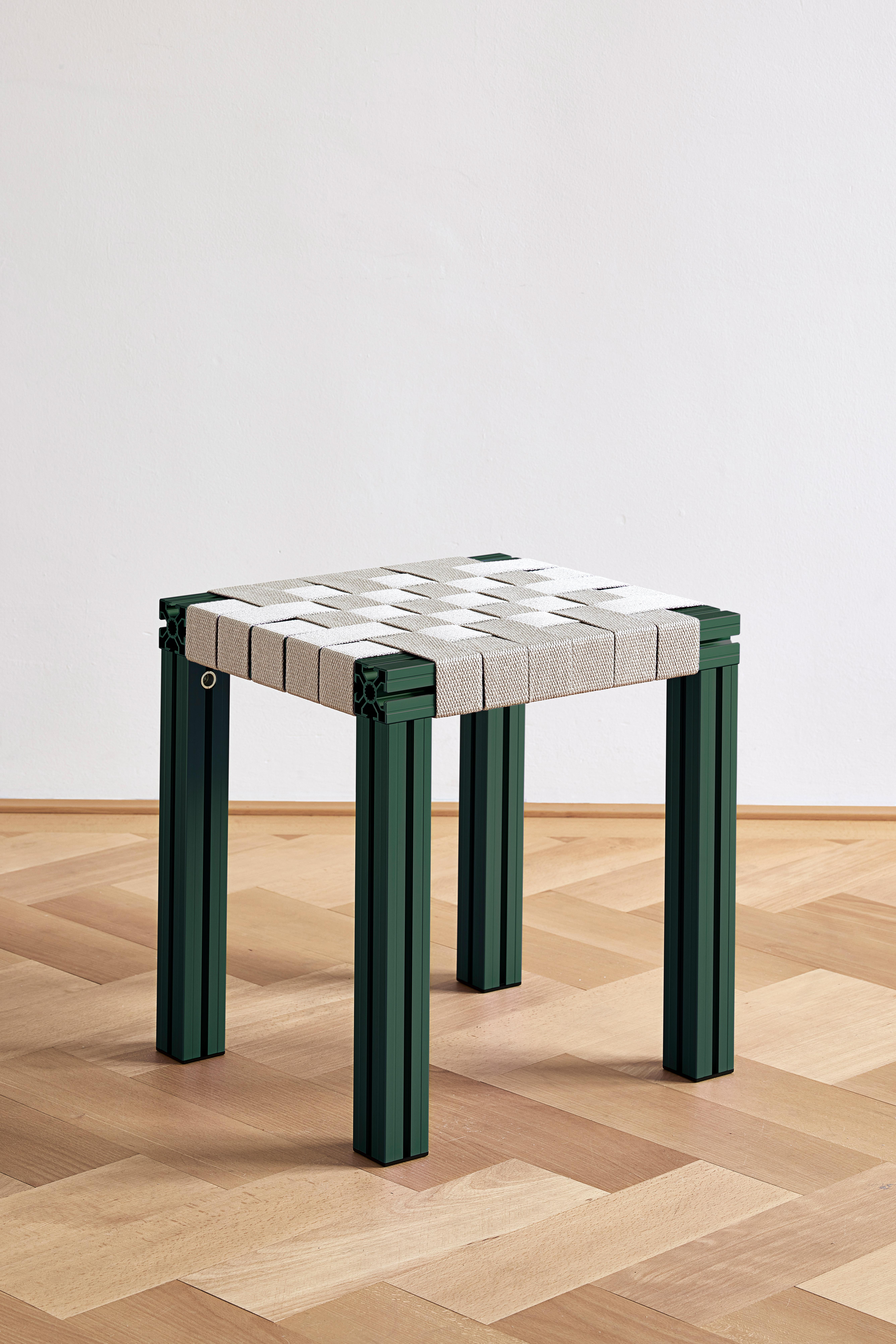 Anodized Green Aluminium Stool with Reel Rush Seating from Anodised Wicker Collection For Sale