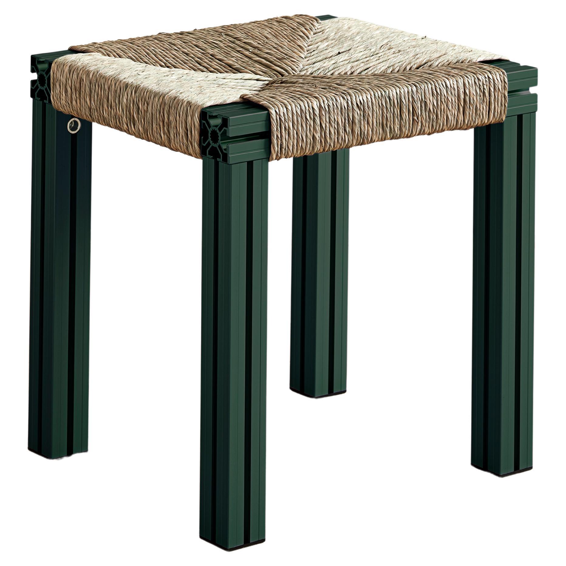 Green Aluminium Stool with Reel Rush Seating from Anodised Wicker Collection For Sale