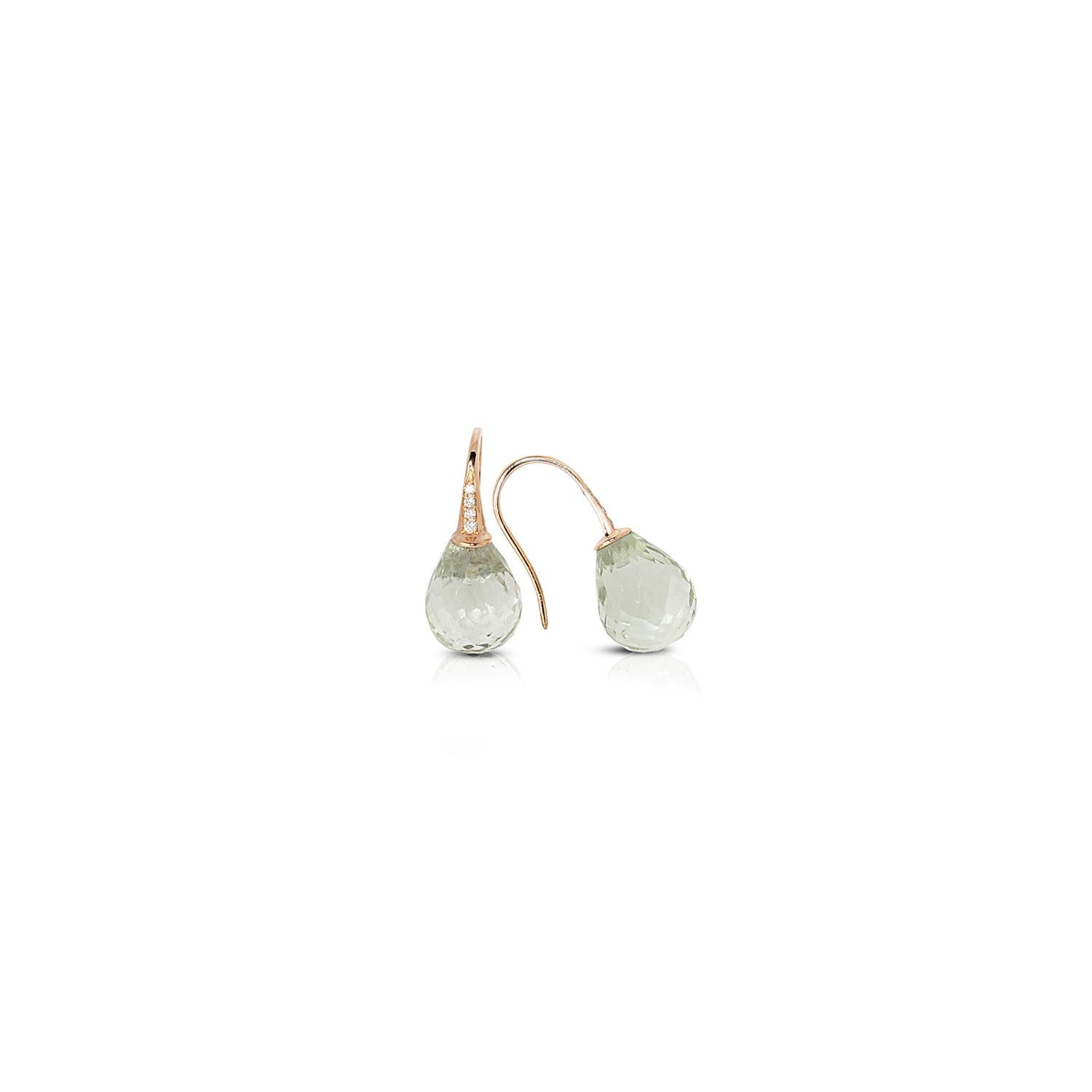 Elegant earrings in 18kt pink gold, white diamonds and facetted green amethyst tear drops.  
Hook system. 
Green amethyst ct. 25.4
White diamonds ct. 0.10
Pink Gold g. 2


