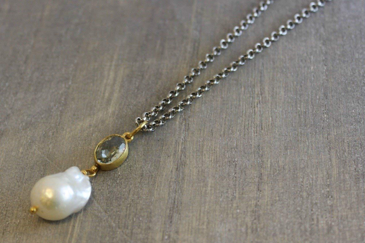 Artigiano Collana in argento sterling con ametista verde e perle d'acqua dolce coltivate in vendita