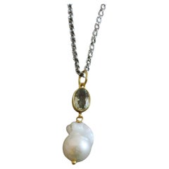 Green Amethyst and Cultured Freshwater Baroque Pearl Sterling Silver Necklace