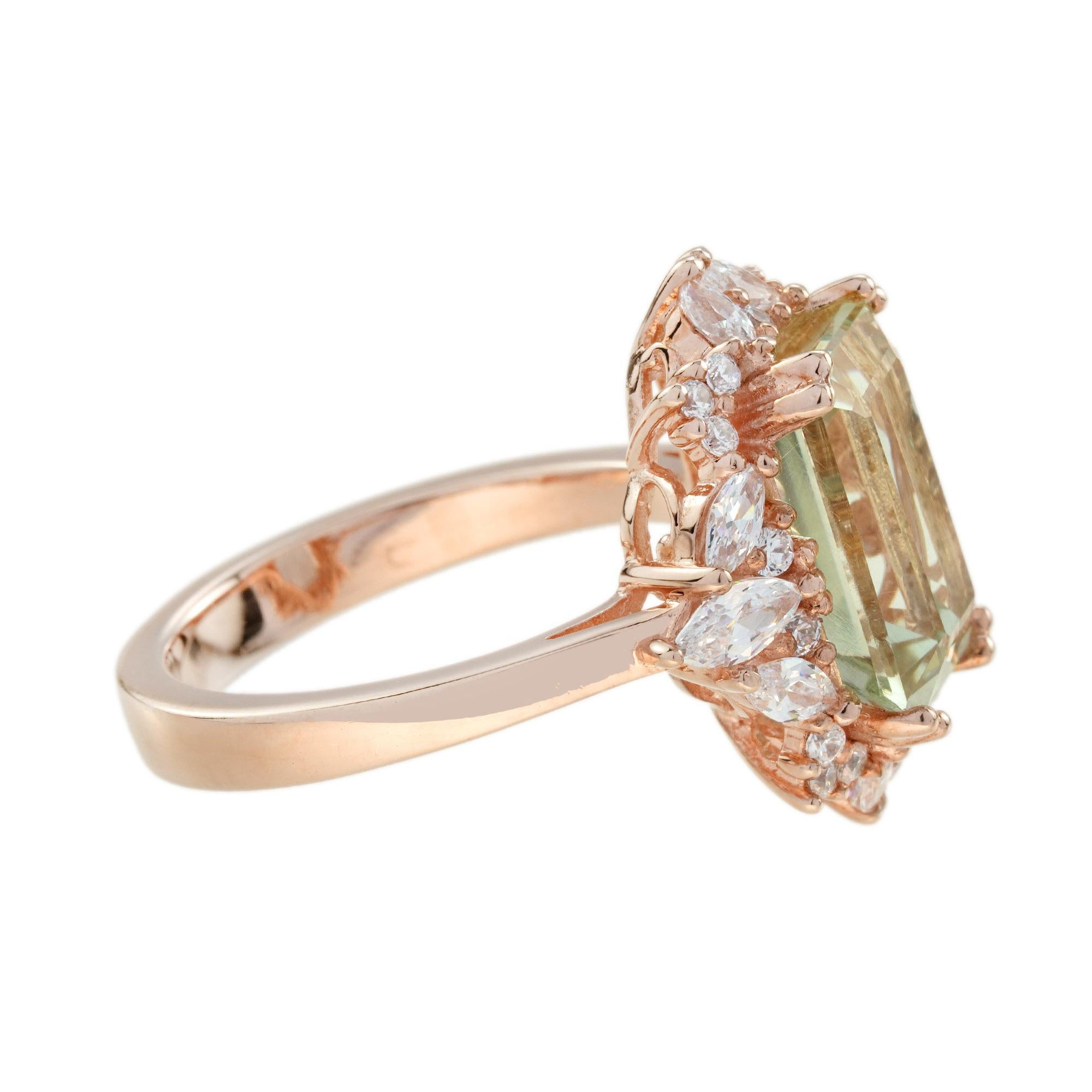 Art Deco Green Amethyst and Diamond Halo Engagement Ring in 14K Rose Gold For Sale