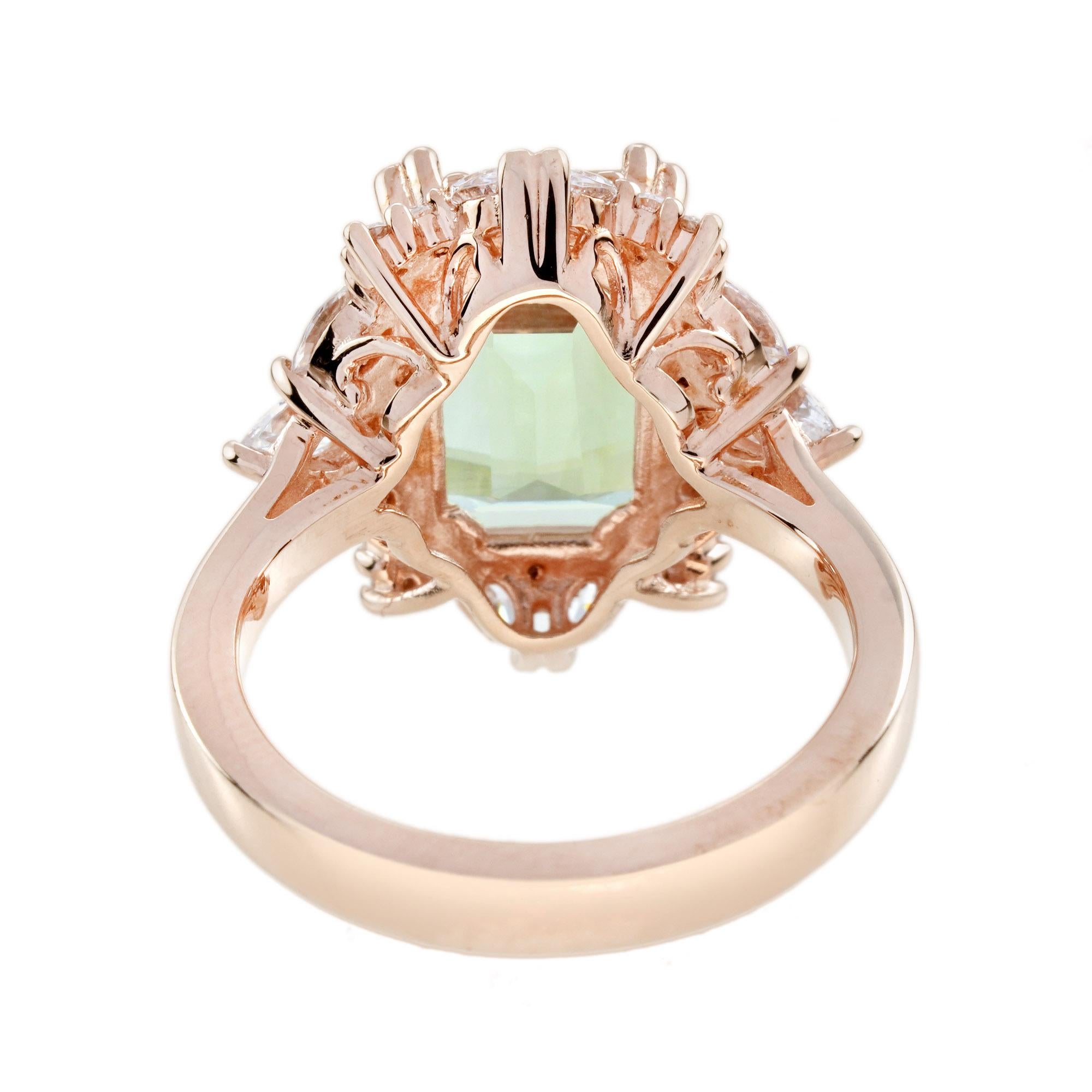 Emerald Cut Green Amethyst and Diamond Halo Engagement Ring in 14K Rose Gold For Sale
