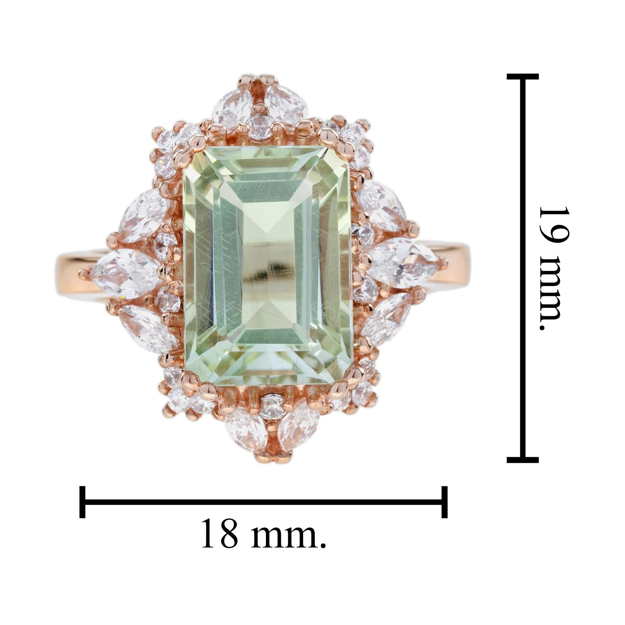 Women's or Men's Green Amethyst and Diamond Halo Engagement Ring in 14K Rose Gold For Sale