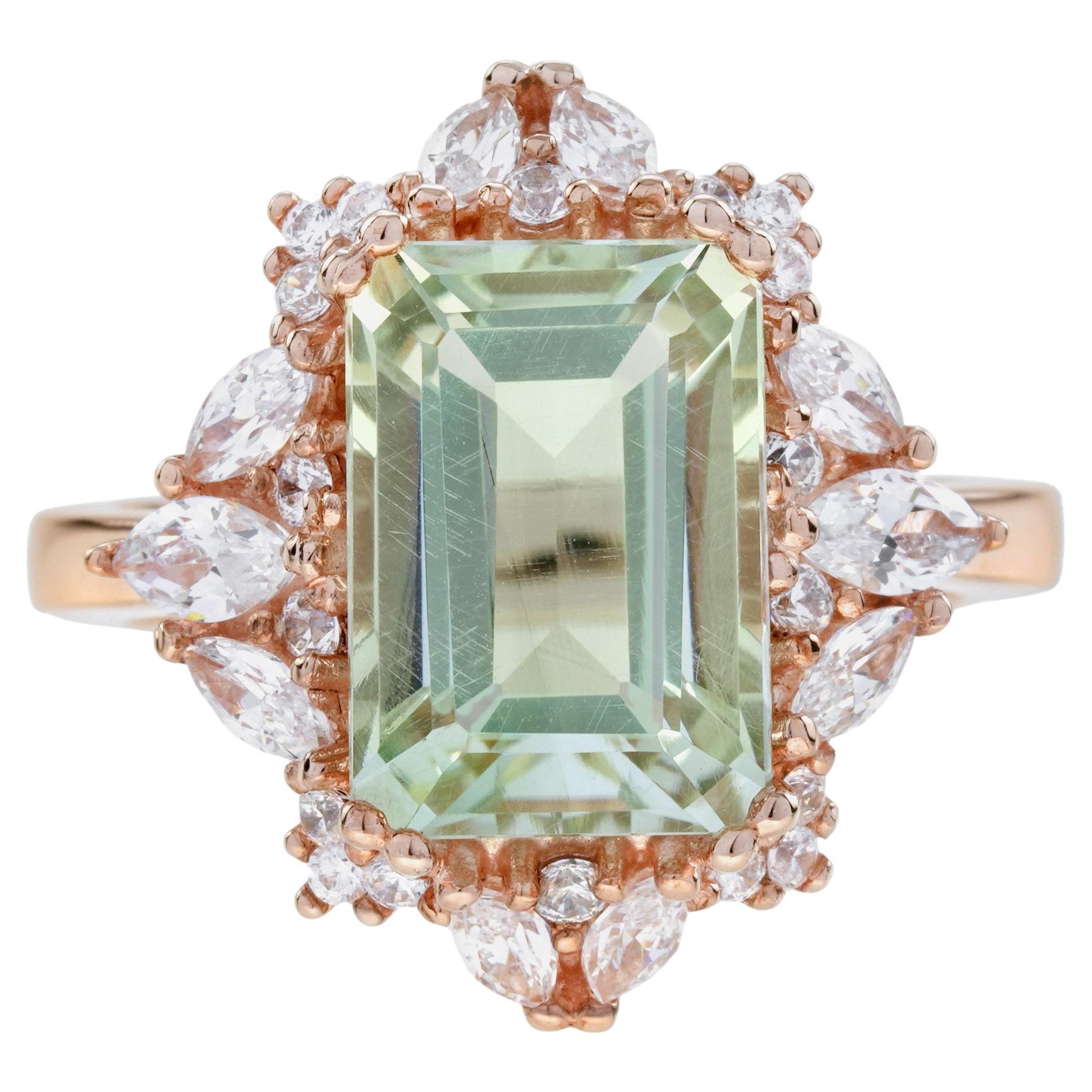 Green Amethyst and Diamond Halo Engagement Ring in 14K Rose Gold For Sale