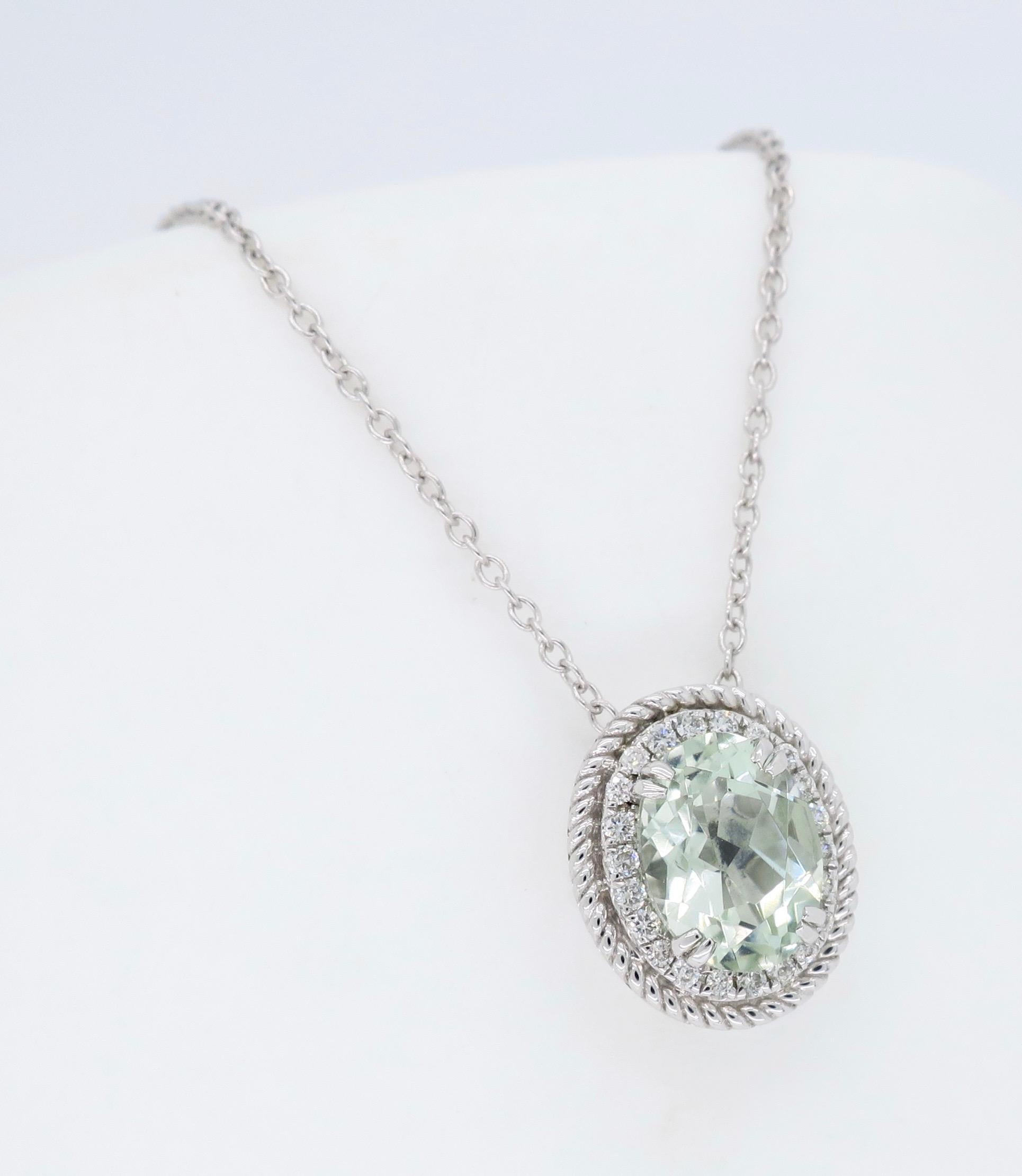 Oval Cut Green Amethyst and Diamond Halo Pendant Necklace