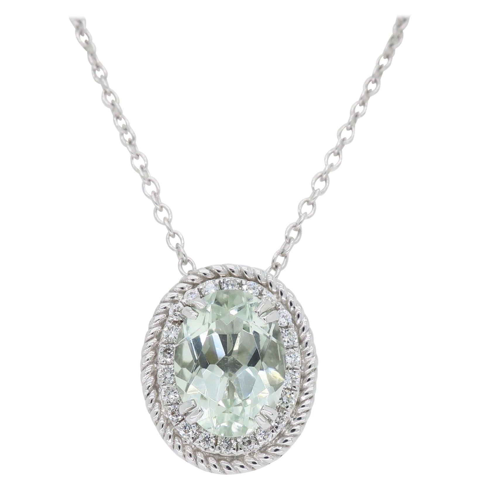 Green Amethyst and Diamond Halo Pendant Necklace
