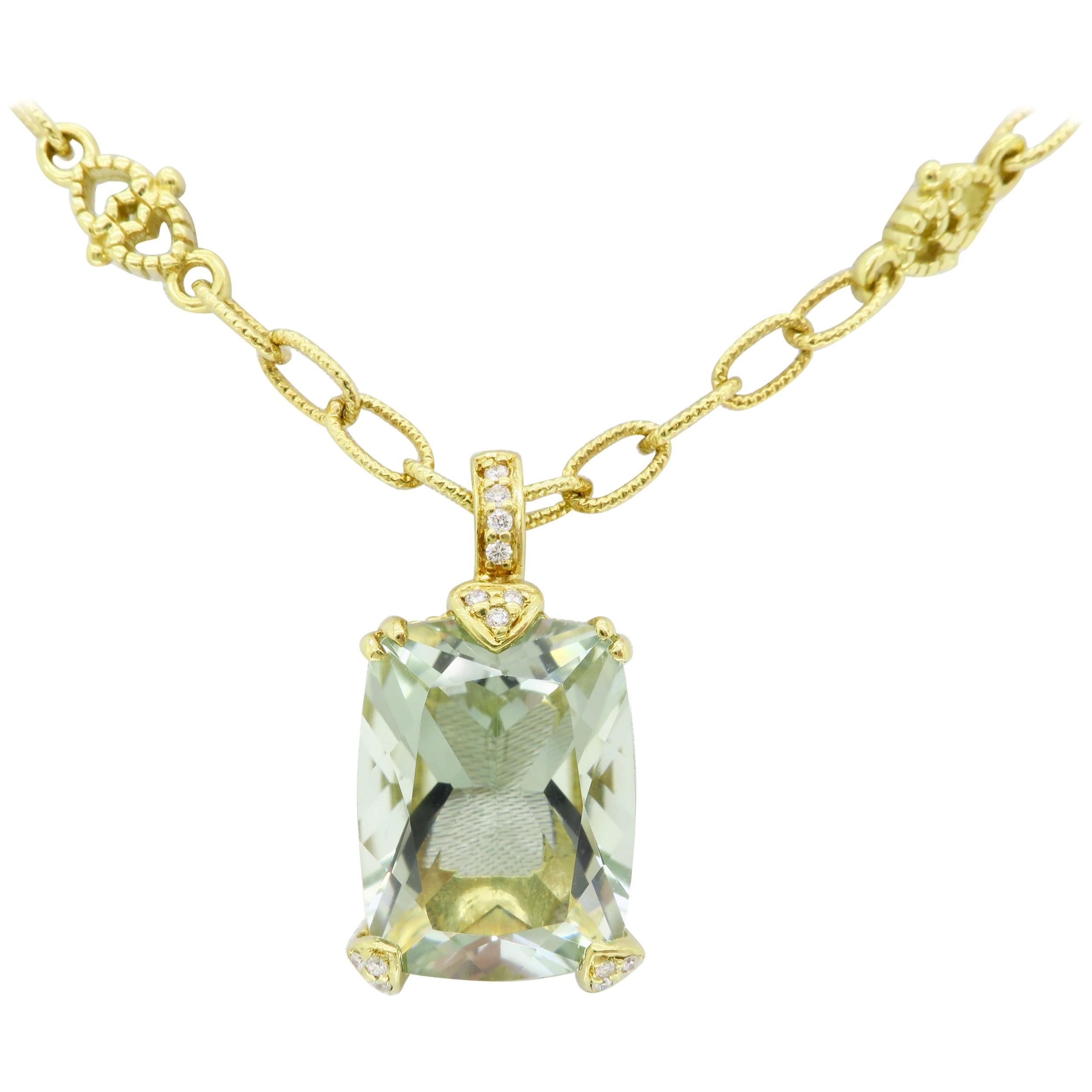 Green Amethyst and Diamond Pendant Necklace in 18 Karat Yellow Gold