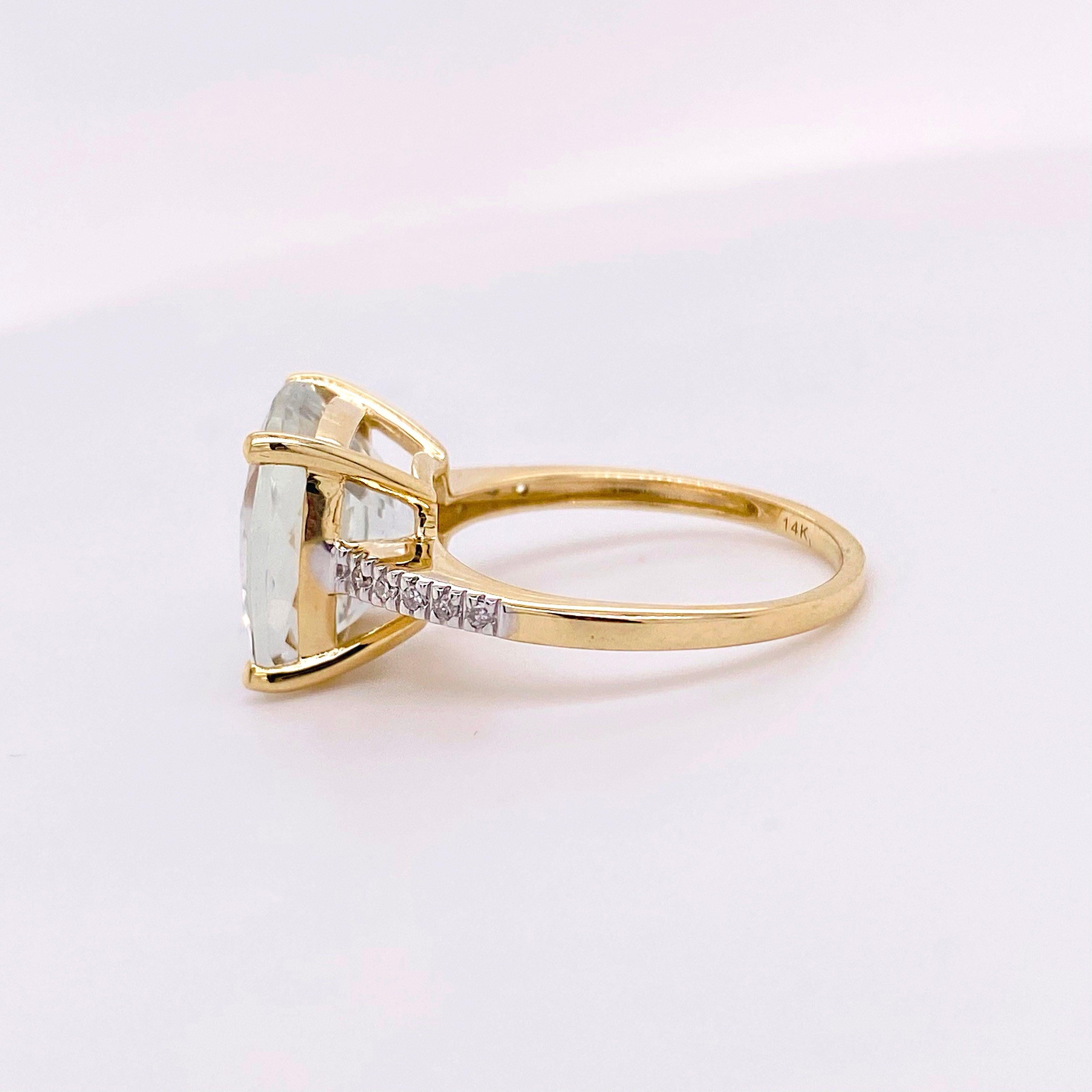 For Sale:  Green Amethyst and Diamond Ring, 14 Karat Gold Cushion Cut Genuine Gem Ring 3