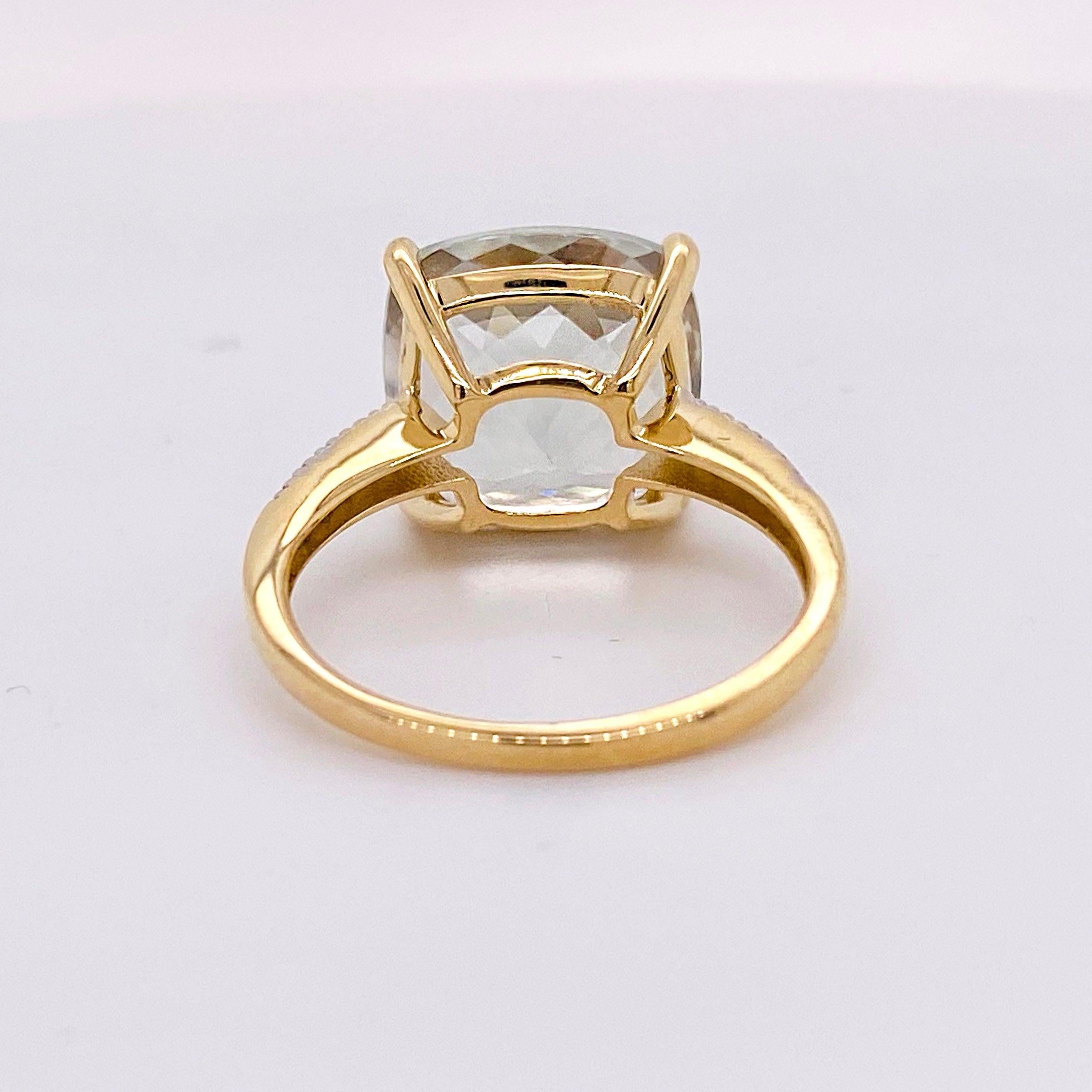 For Sale:  Green Amethyst and Diamond Ring, 14 Karat Gold Cushion Cut Genuine Gem Ring 4