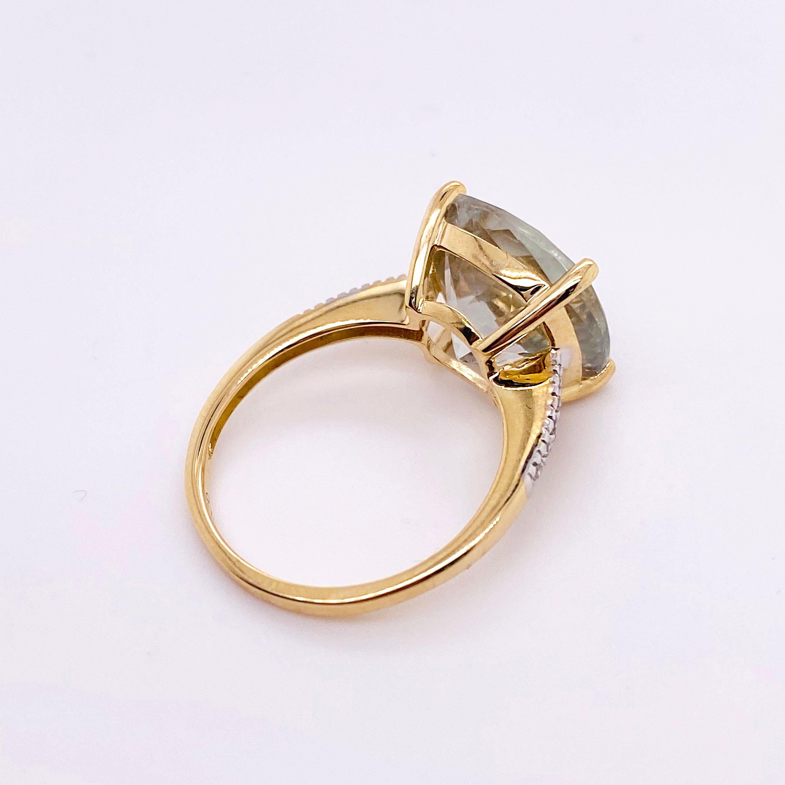 For Sale:  Green Amethyst and Diamond Ring, 14 Karat Gold Cushion Cut Genuine Gem Ring 5