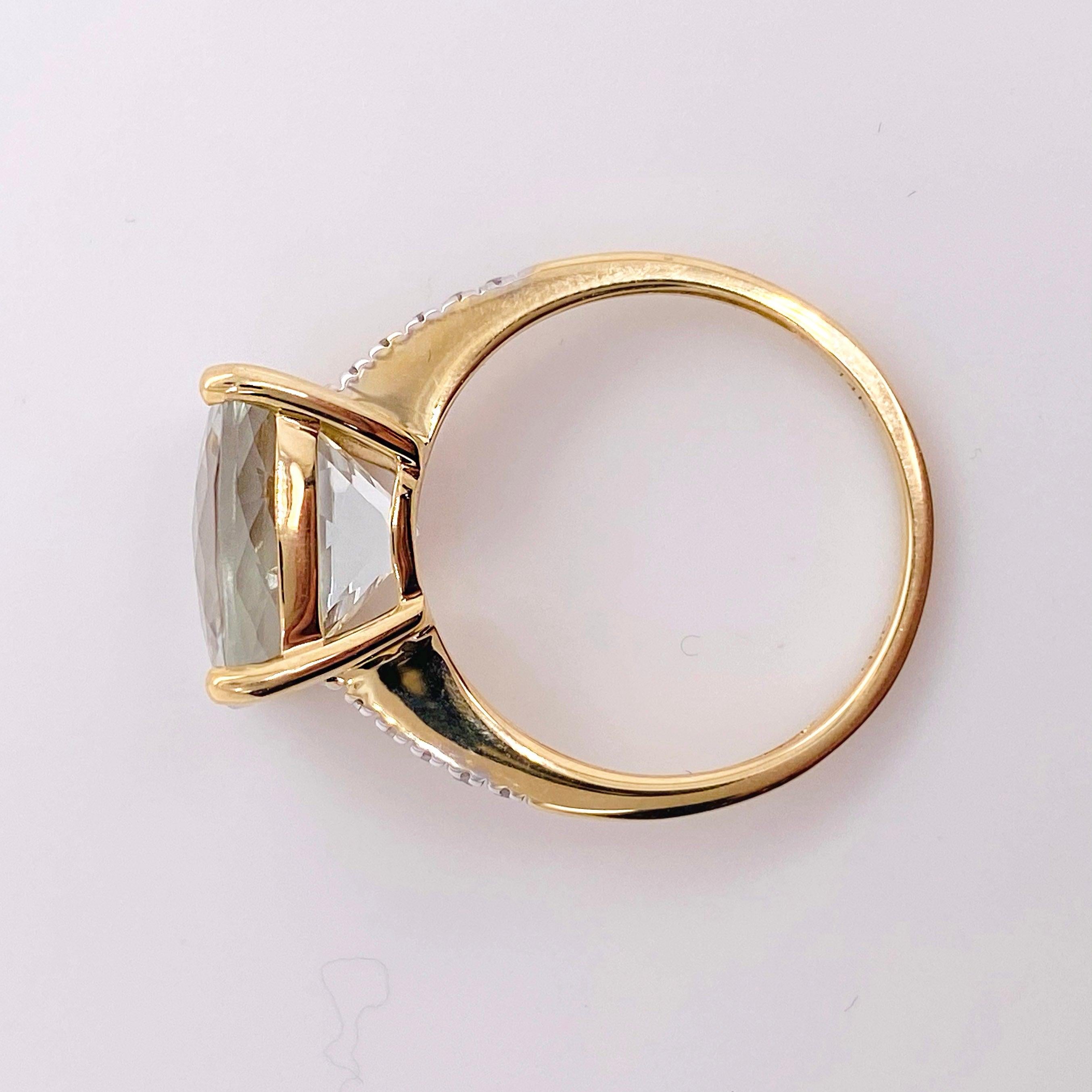 For Sale:  Green Amethyst and Diamond Ring, 14 Karat Gold Cushion Cut Genuine Gem Ring 6
