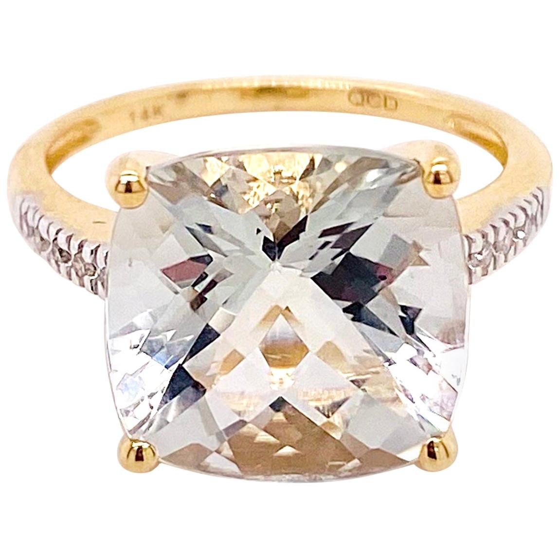 For Sale:  Green Amethyst and Diamond Ring, 14 Karat Gold Cushion Cut Genuine Gem Ring