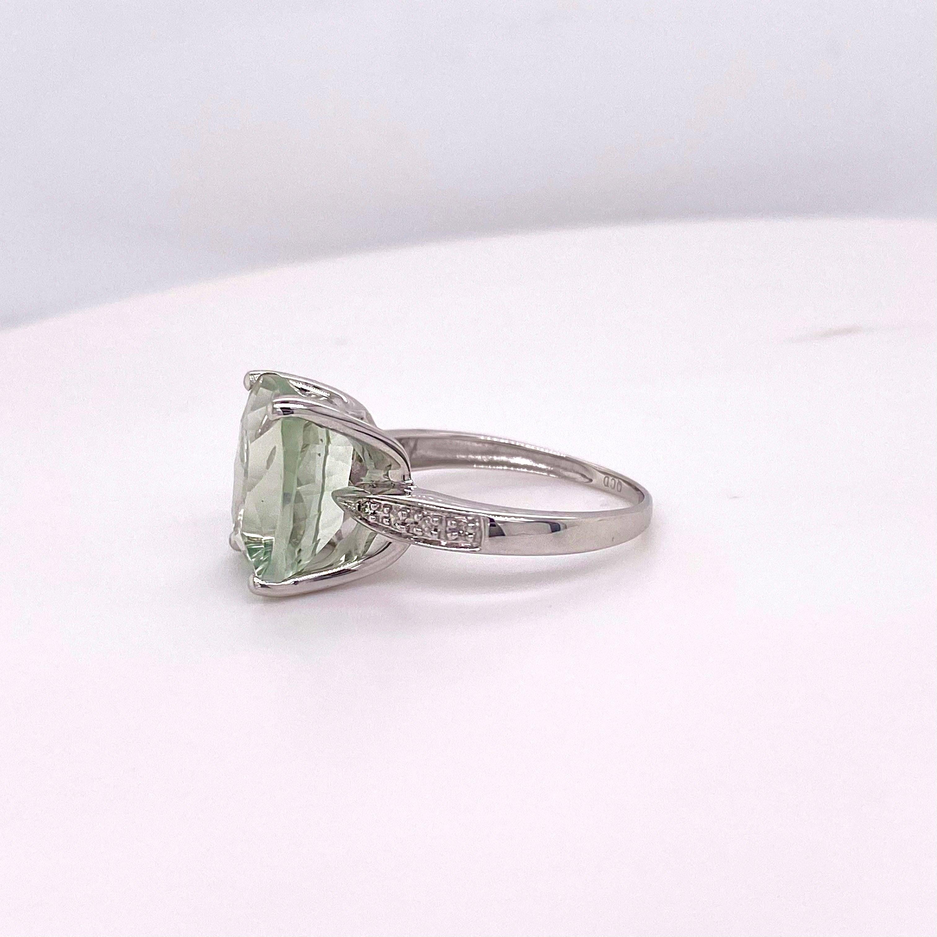 Green Amethyst and Diamond Ring, 4.6 Carat Cushion Cut Genuine Gem 3