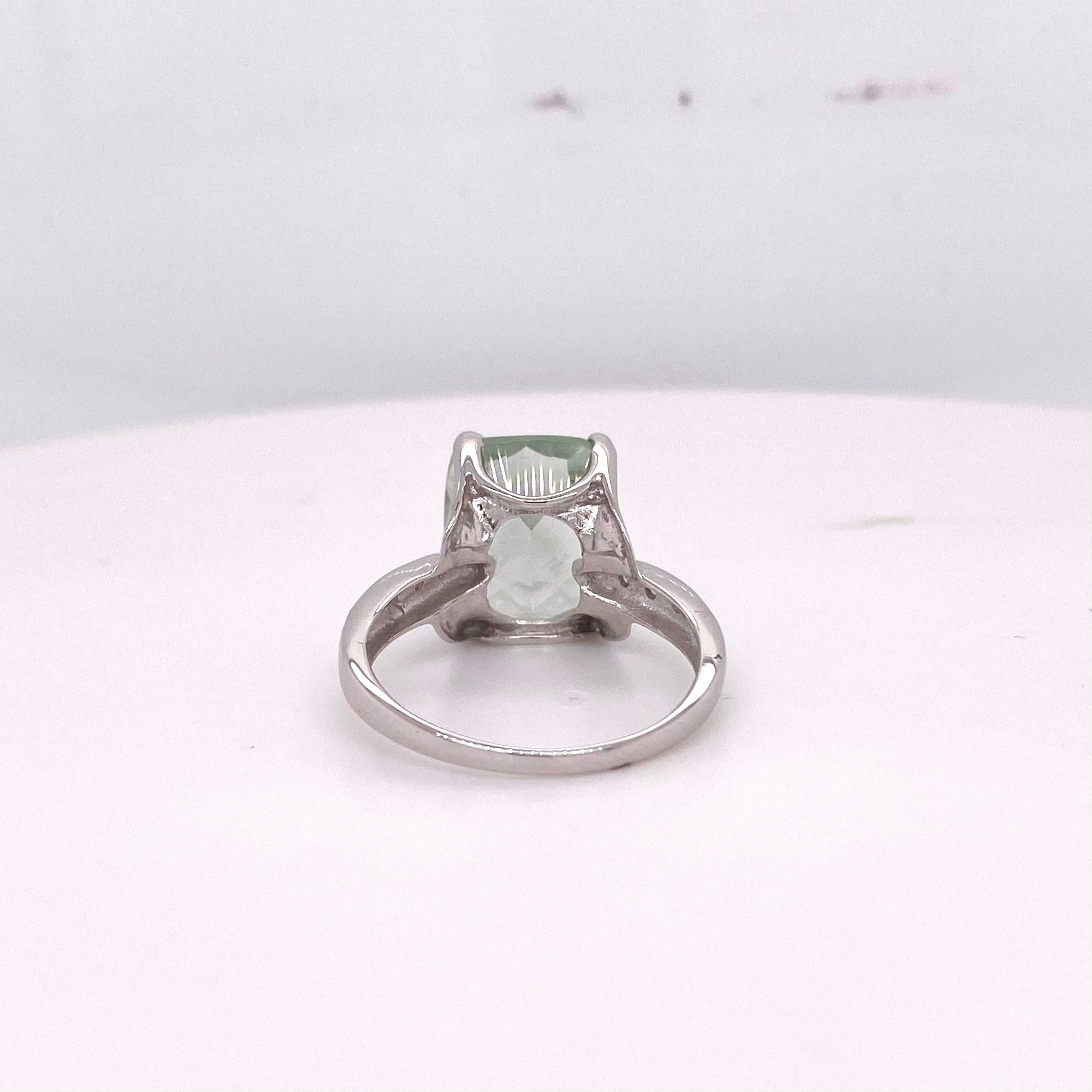 Green Amethyst and Diamond Ring, 4.6 Carat Cushion Cut Genuine Gem 4