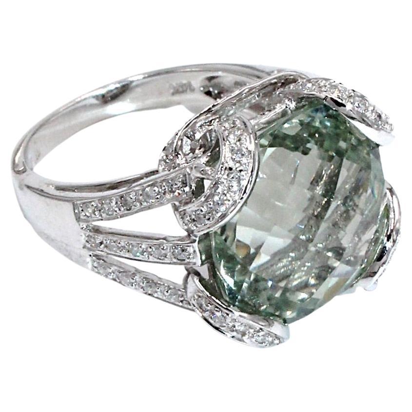 14K White Gold Green Amethyst and Diamond Ring For Sale