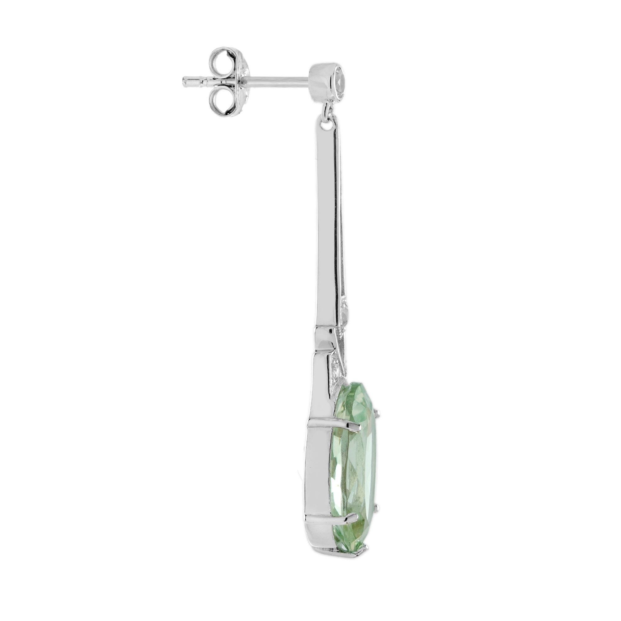 Art Deco Green Amethyst and White Topaz Drop Earrings in 9K White Gold For Sale