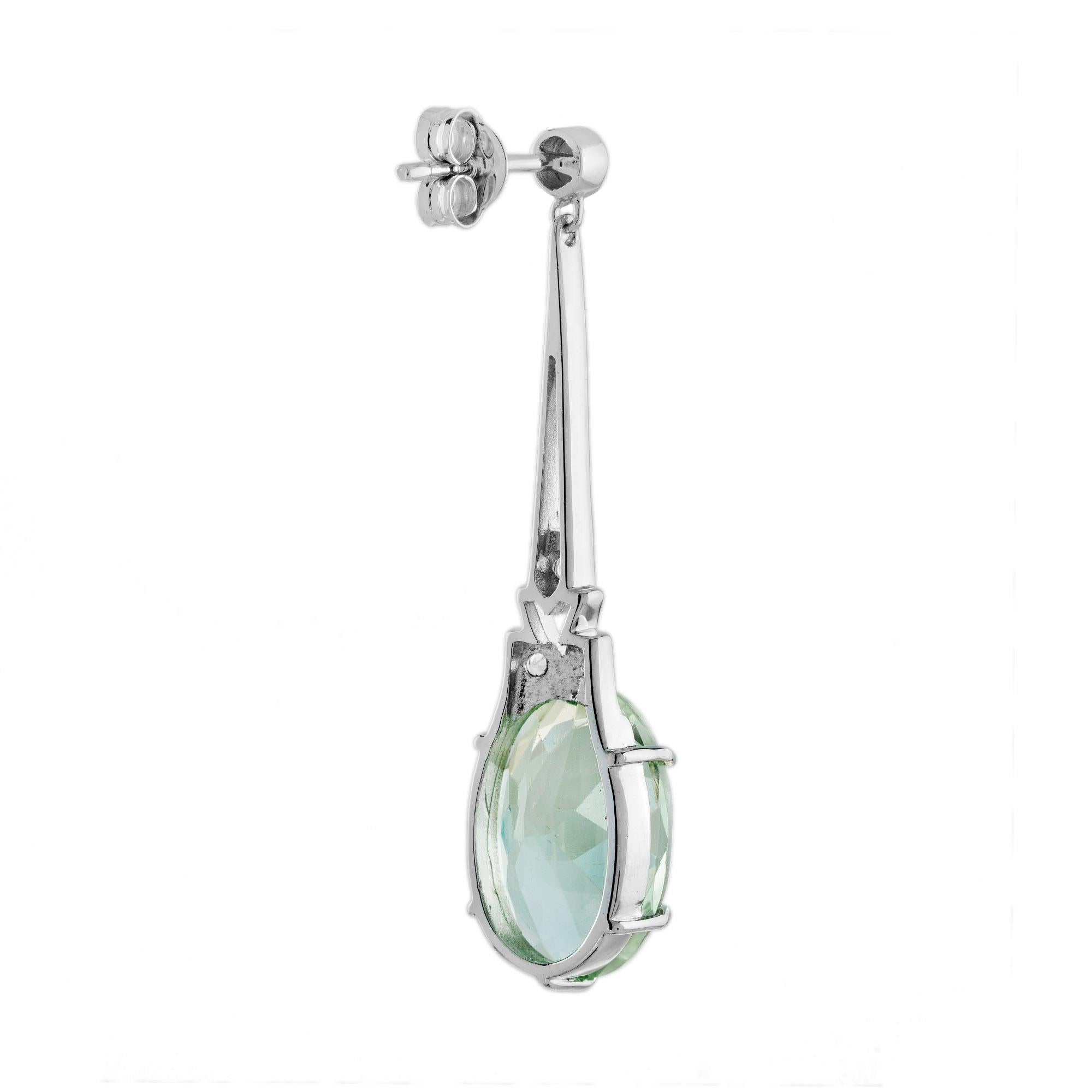 Pear Cut Green Amethyst and White Topaz Drop Earrings in 9K White Gold For Sale