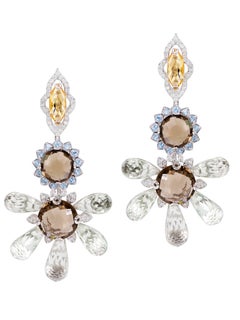 Green Amethyst, Blue Topaz, Citrine and Diamonds Rhodium-Plated Dangle Earrings