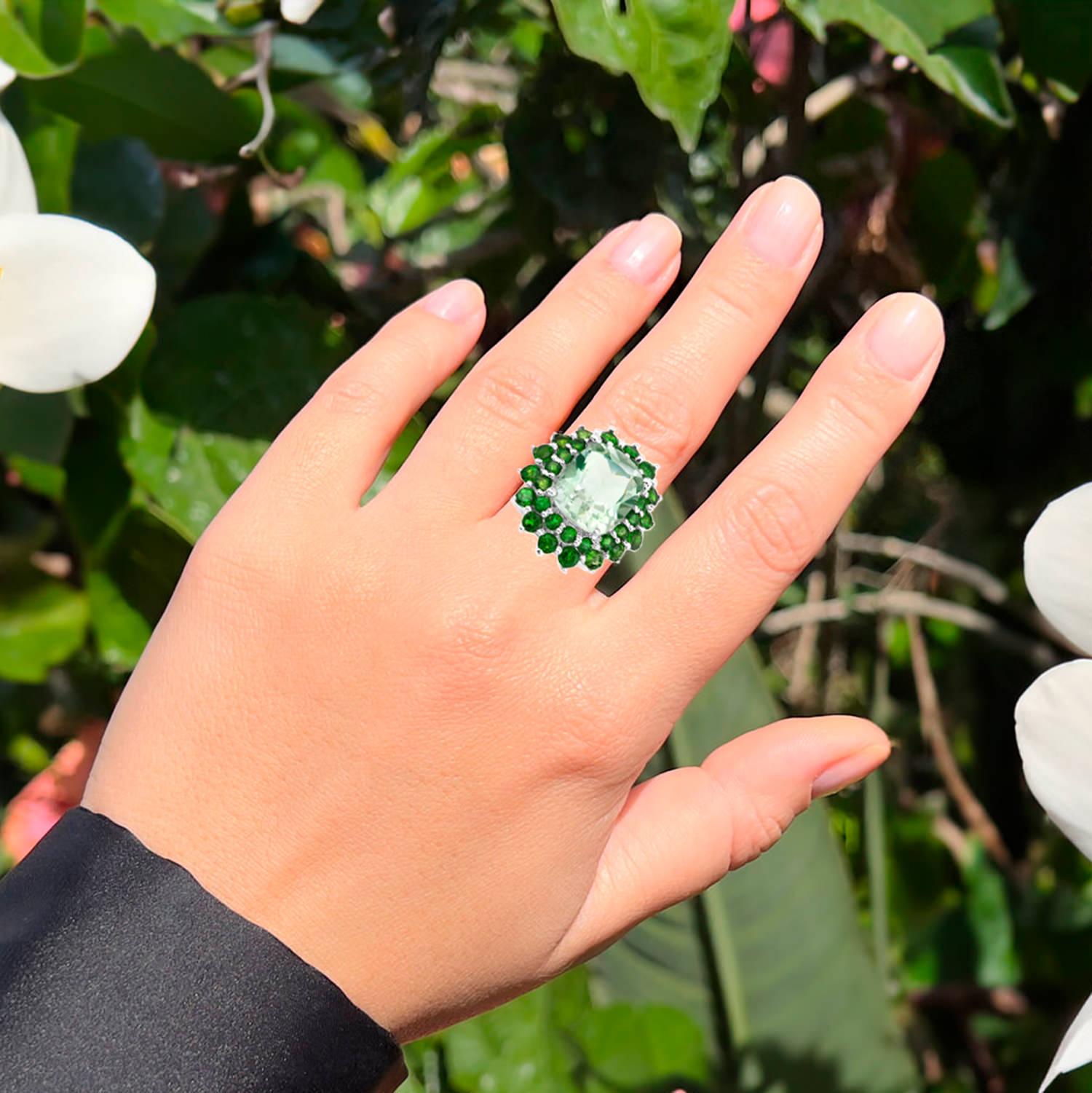 Cushion Cut Green Amethyst Cocktail Ring Chrome Diopside Double Halo 9.9 Carats For Sale