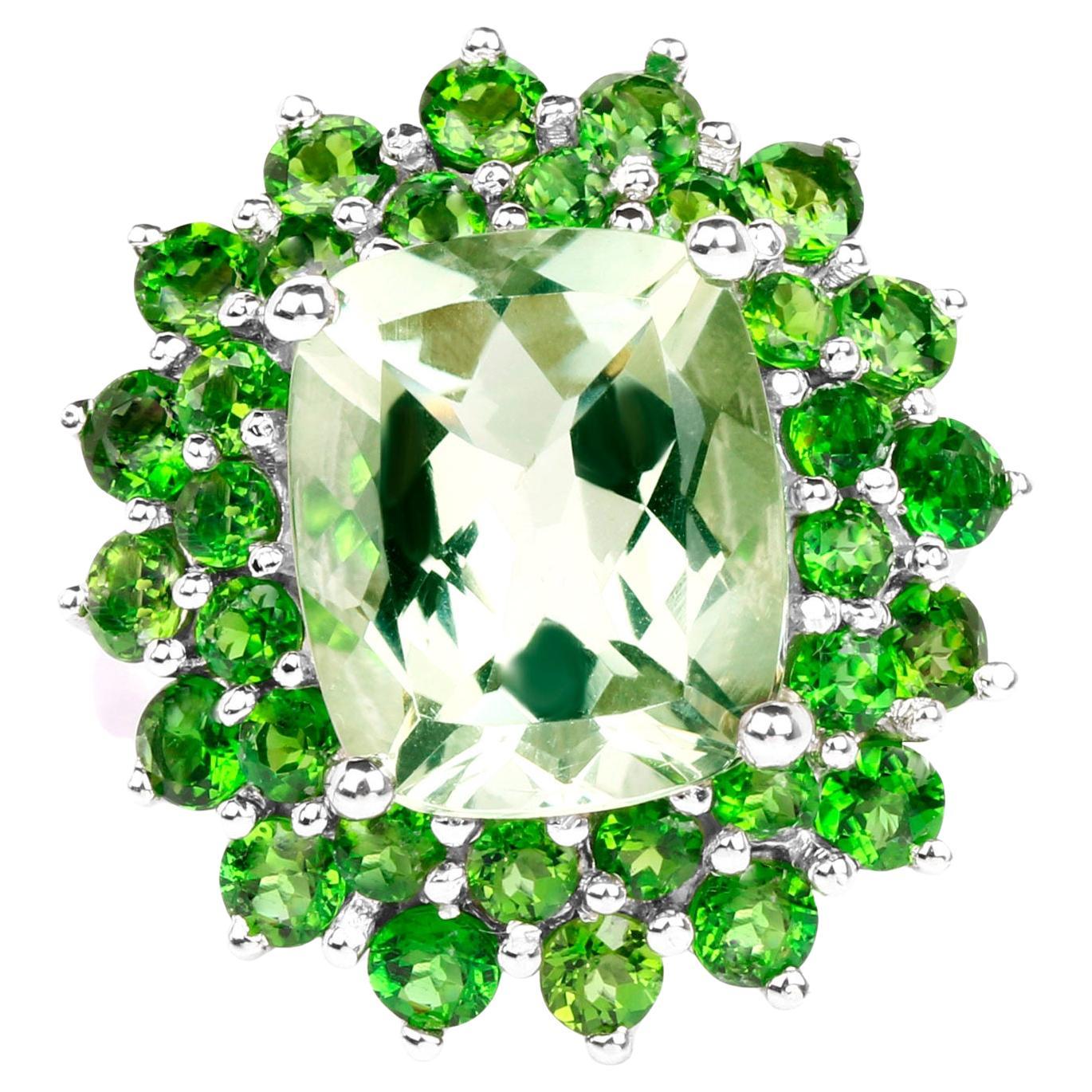 Green Amethyst Cocktail Ring Chrome Diopside Double Halo 9.9 Carats For Sale