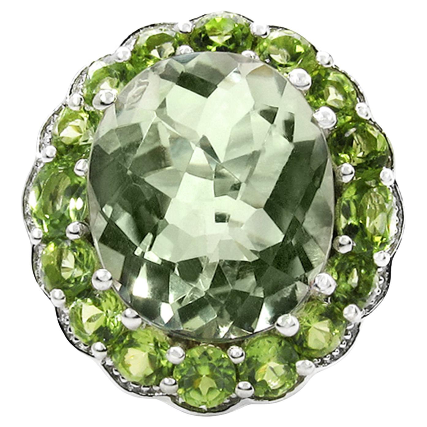Anello cocktail con ametista verde e peridoto aureolato 7,18 carati A. Silver In condizioni ottime in vendita a Punta Gorda, FL