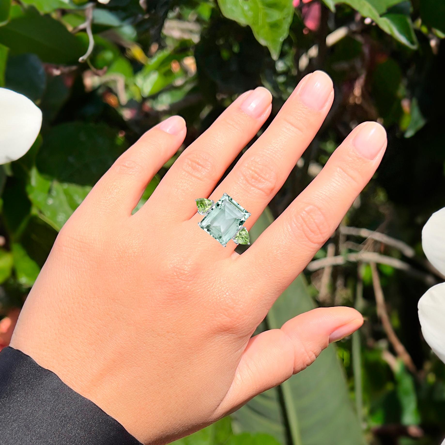 Emerald Cut Green Amethyst Cocktail Ring With Peridots 12 Carats