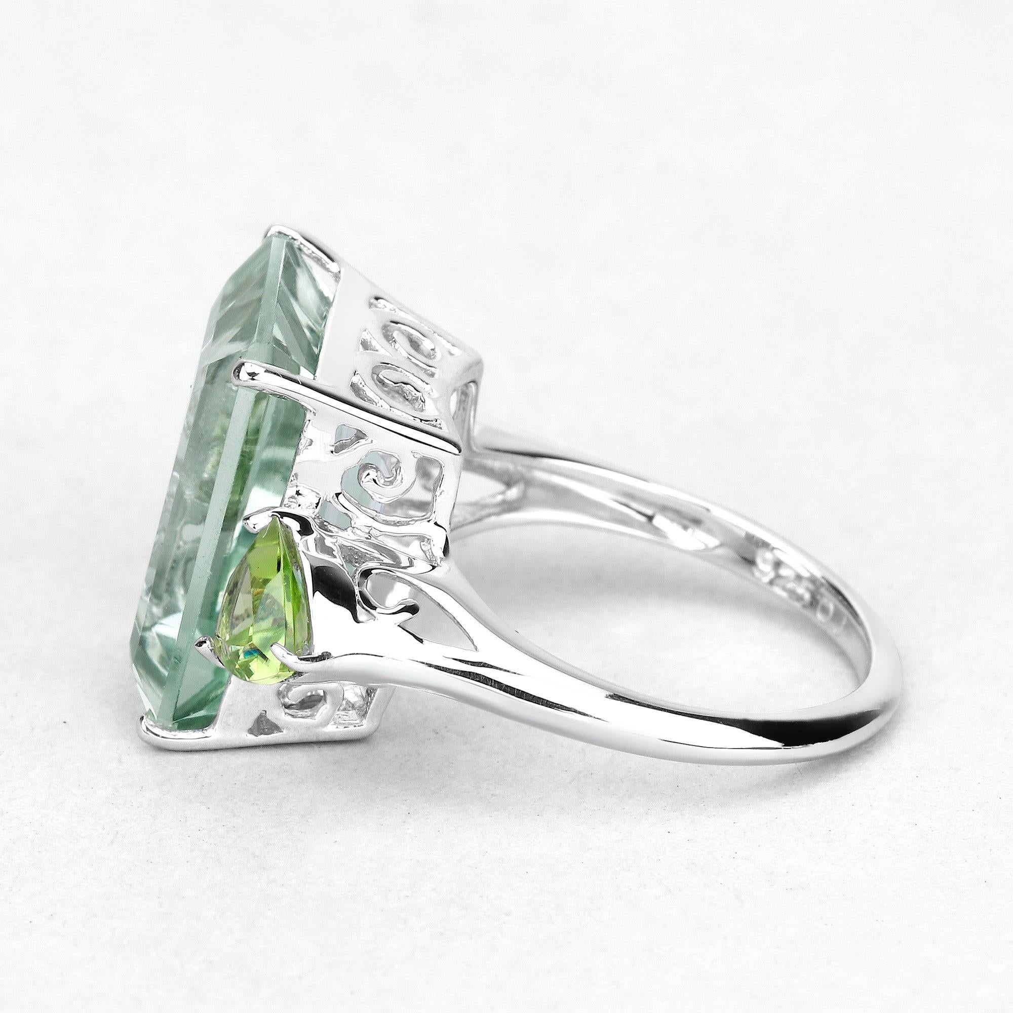 Emerald Cut Green Amethyst Cocktail Ring With Peridots 12 Carats For Sale