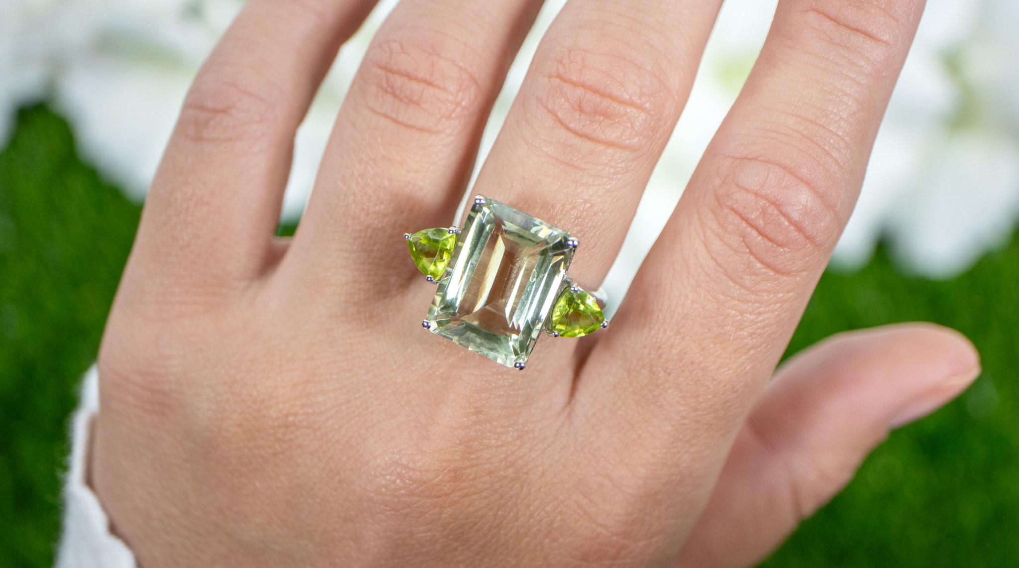 Emerald Cut Green Amethyst Cocktail Ring With Peridots 12 Carats For Sale