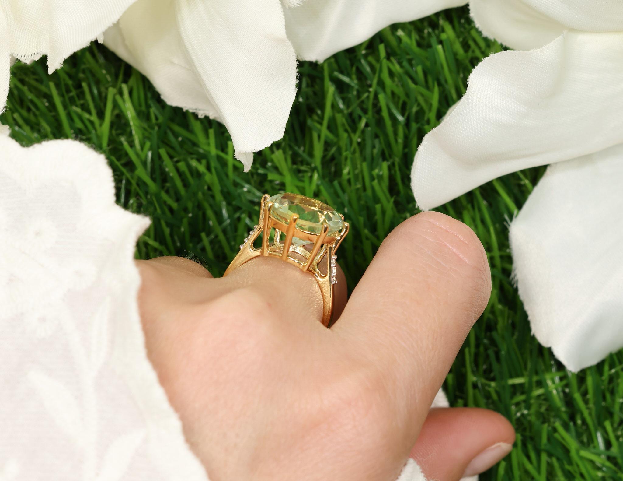 It comes with the Gemological Appraisal by GIA GG/AJP
All Gemstones are Natural in origin
Green Amethyst = 7.50 Carats
6 White Topazes = 0.09 Carats
Metal: 14K Yellow Plated Sterling Silver
Ring Size: 7* US
*It can be resized complimentary