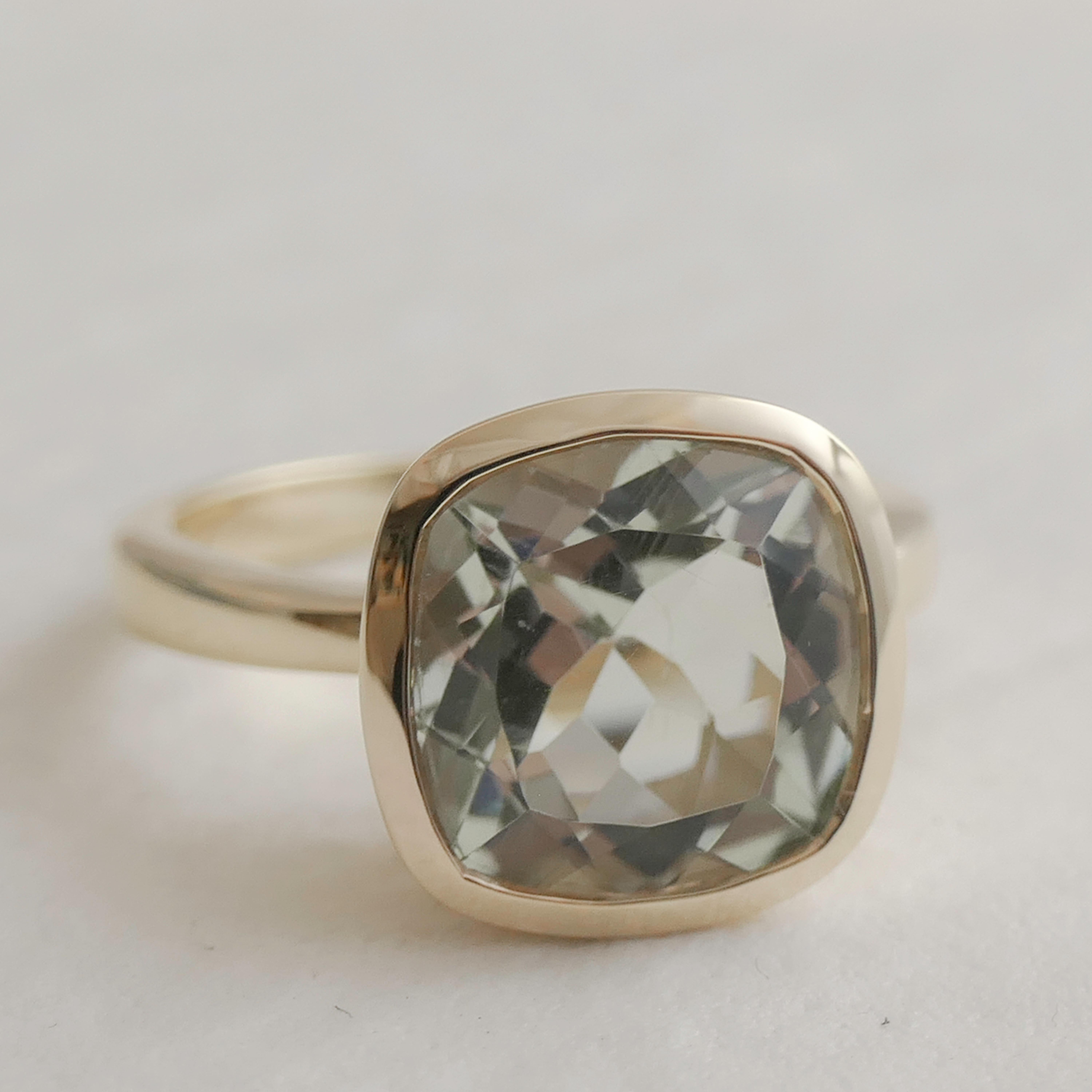 10x10mm Cushion Cut Faceted Green Amethyst is set in gold-plated 925 sterling silver.
Available in sizes 6, 7, 8 and 9.  Please let me know what size you want when you order.