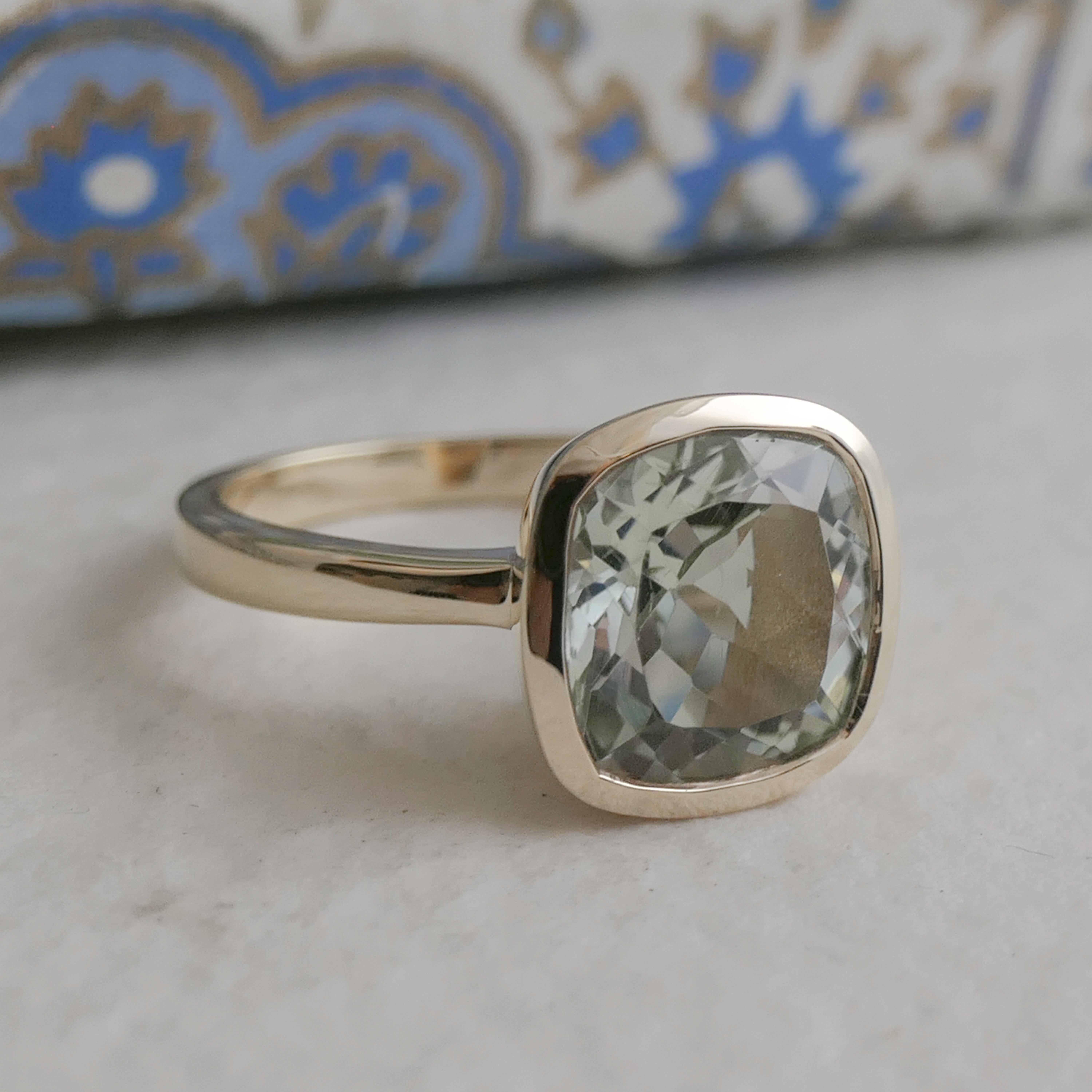Green Amethyst Cushion Cut Gold Plated Sterling Silver Ring In New Condition For Sale In Oslo, 03