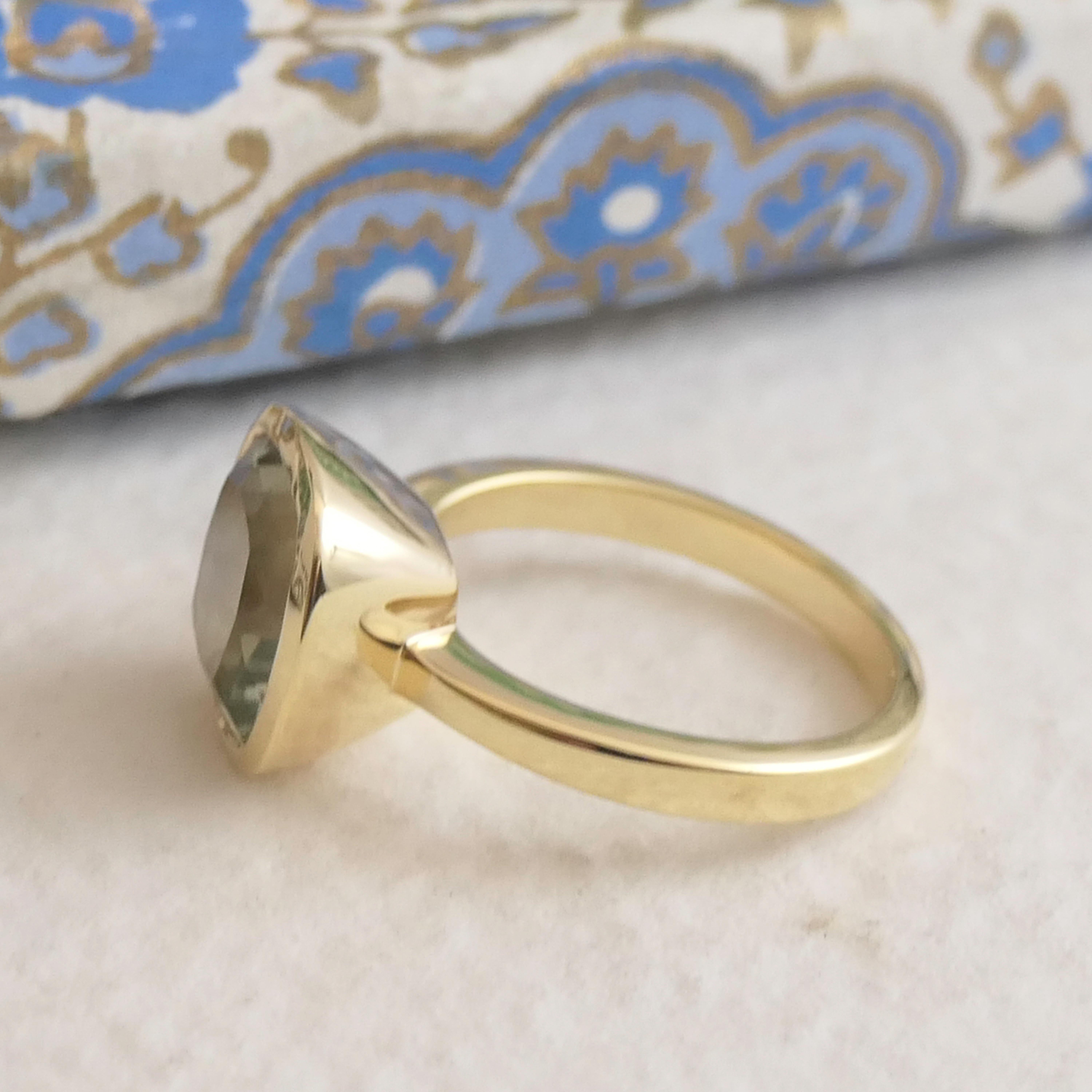 Green Amethyst Cushion Cut Gold Plated Sterling Silver Ring For Sale 1